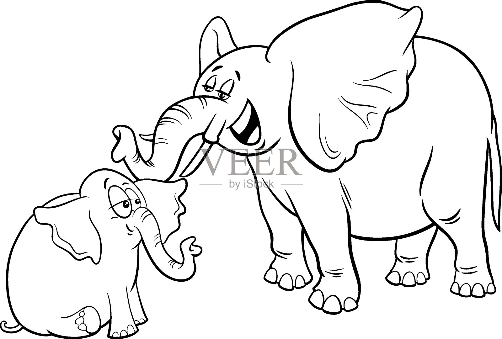 卡通小象和他的妈妈涂色书页插画图片素材