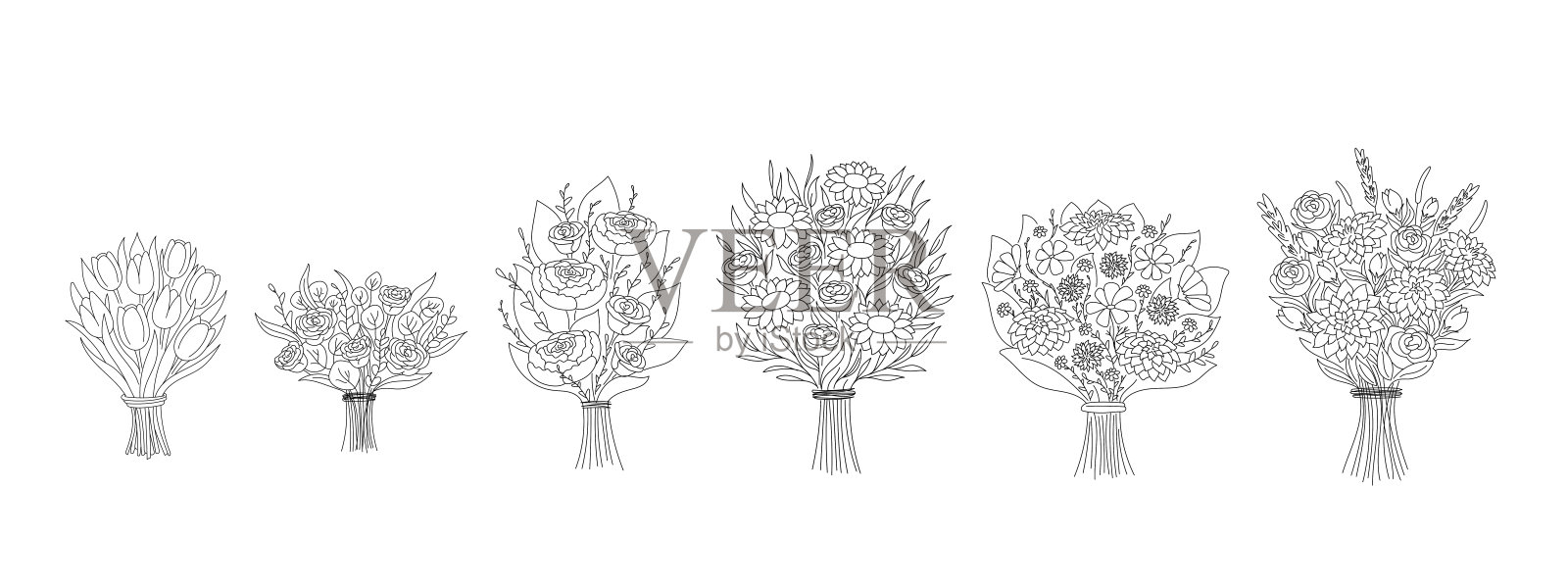 一套不同的涂鸦轮廓花束。收集各种开花植物的茎和叶孤立在白色上。花卉装饰或礼品插画图片素材