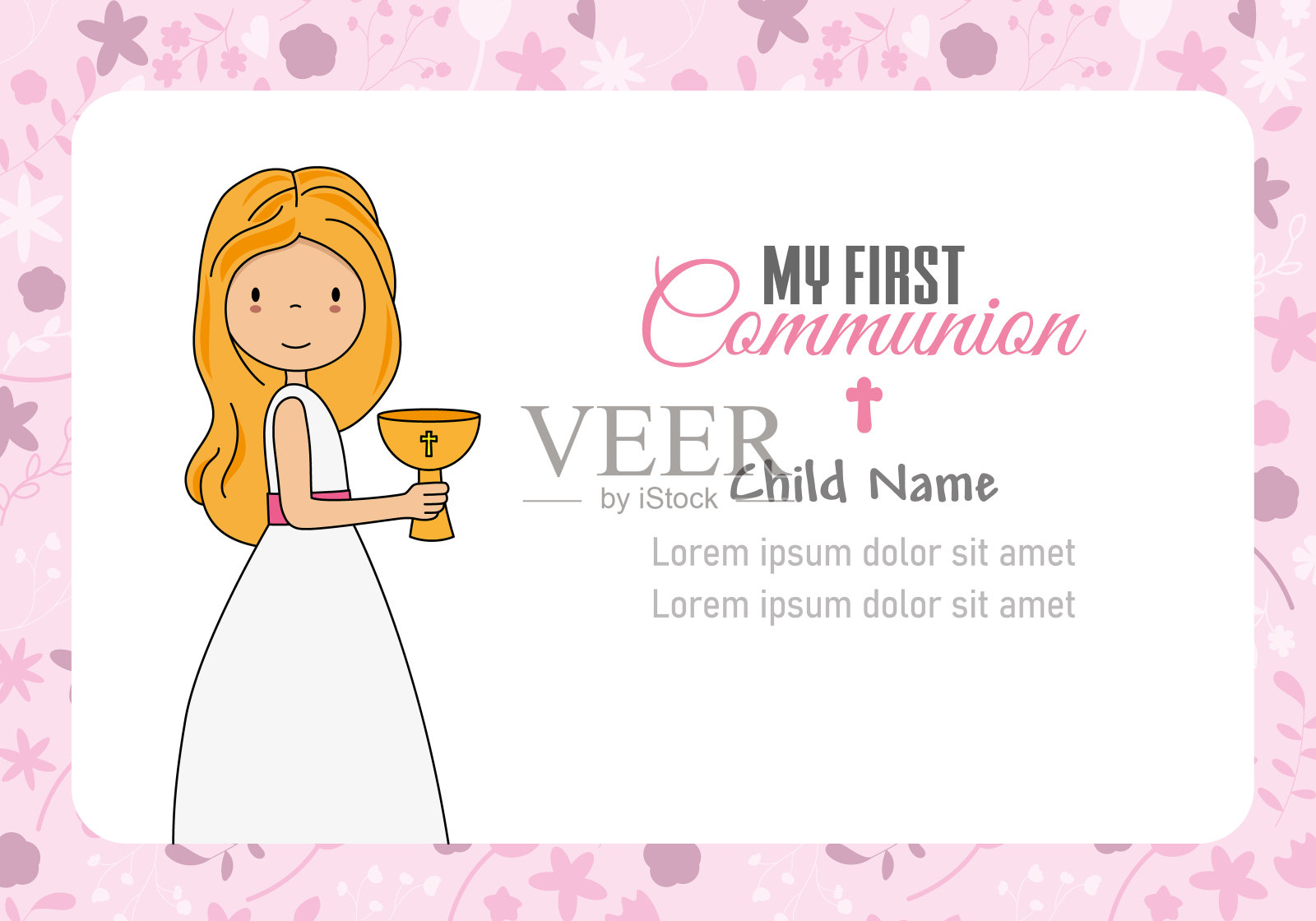 我第一次参加圣餐礼的女孩。有圣杯的女孩。为文本留出空间的框架插画图片素材