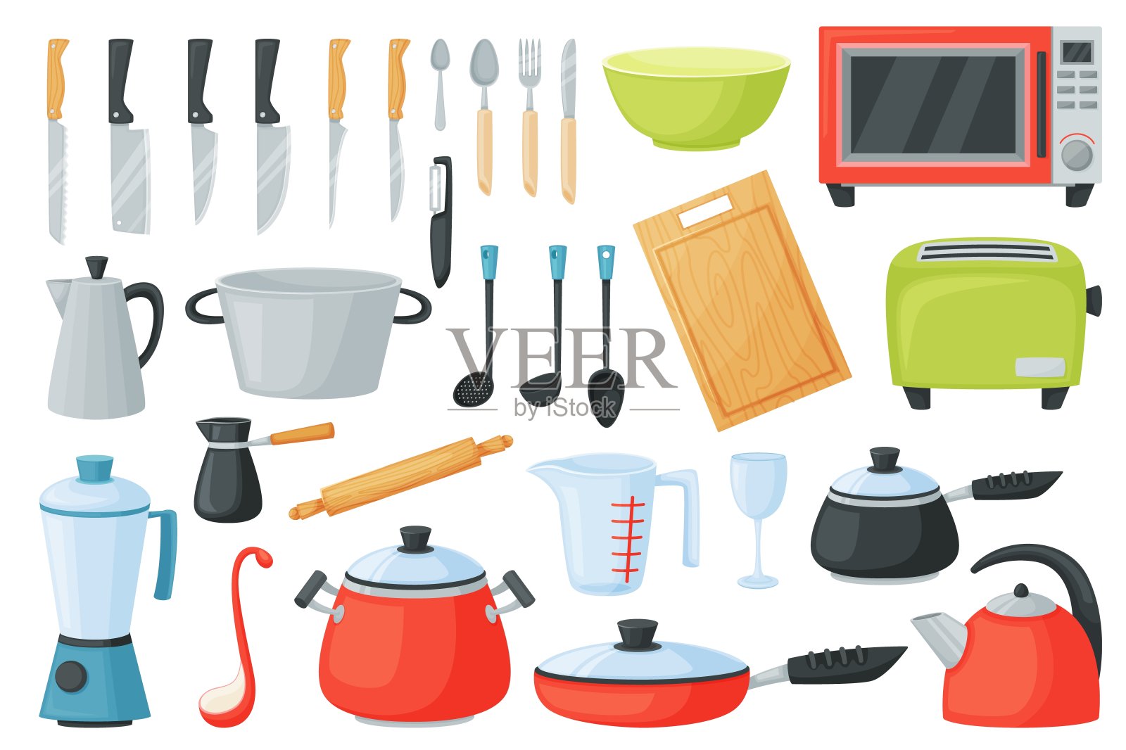 卡通厨房用具，烹饪工具和用具，厨房用具。炖锅，煎锅，餐具，微波炉，炊具设备向量集设计元素图片