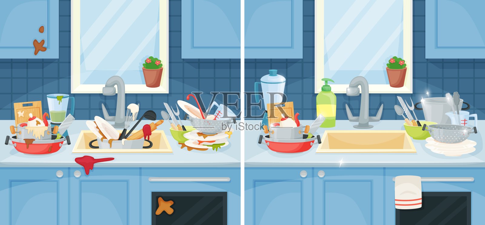 洗涤槽里的脏盘子和干净盘子，脏乱的盘子和杯子。卡通未洗的厨房用具，之前和之后清洁厨房矢量插图插画图片素材