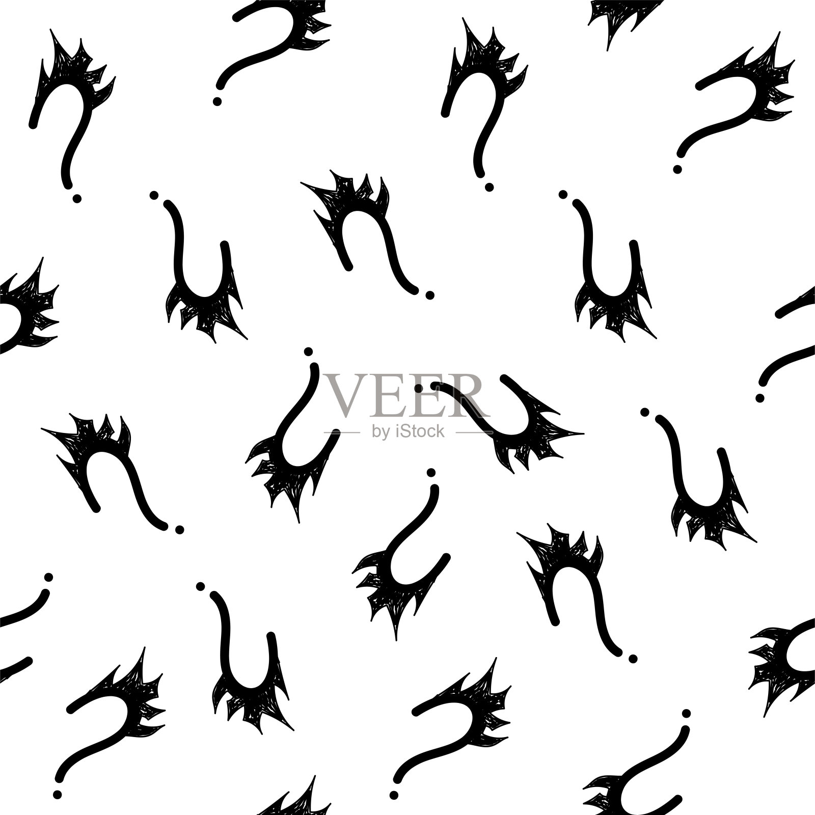 矢量插图。问号无缝模式。无缝向量模式与手绘的问号。单色潮人的背景。手绘黑色标点符号。插画图片素材