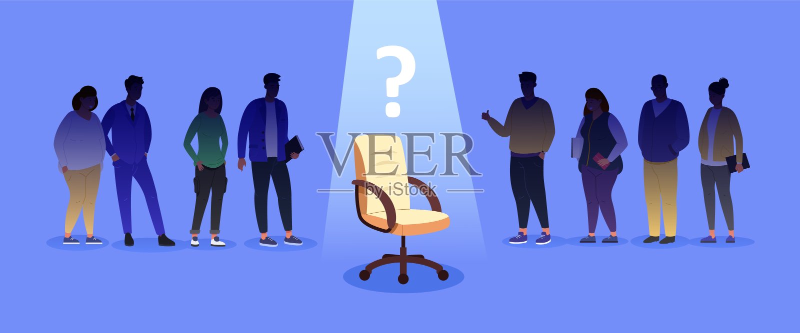 工作椅聚光灯下。空缺工作场所，招聘女商人或商人领导担任办公室工作，空缺推广人员，加入员工岗位，花哨的矢量插图插画图片素材