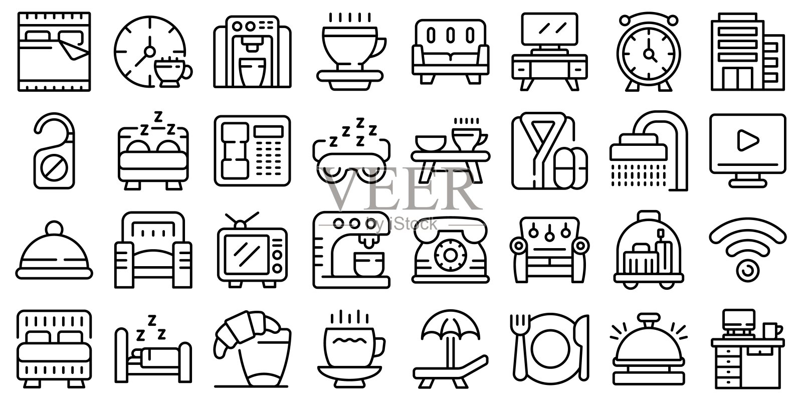 咖啡在床图标设置轮廓向量。早上晚上图标素材