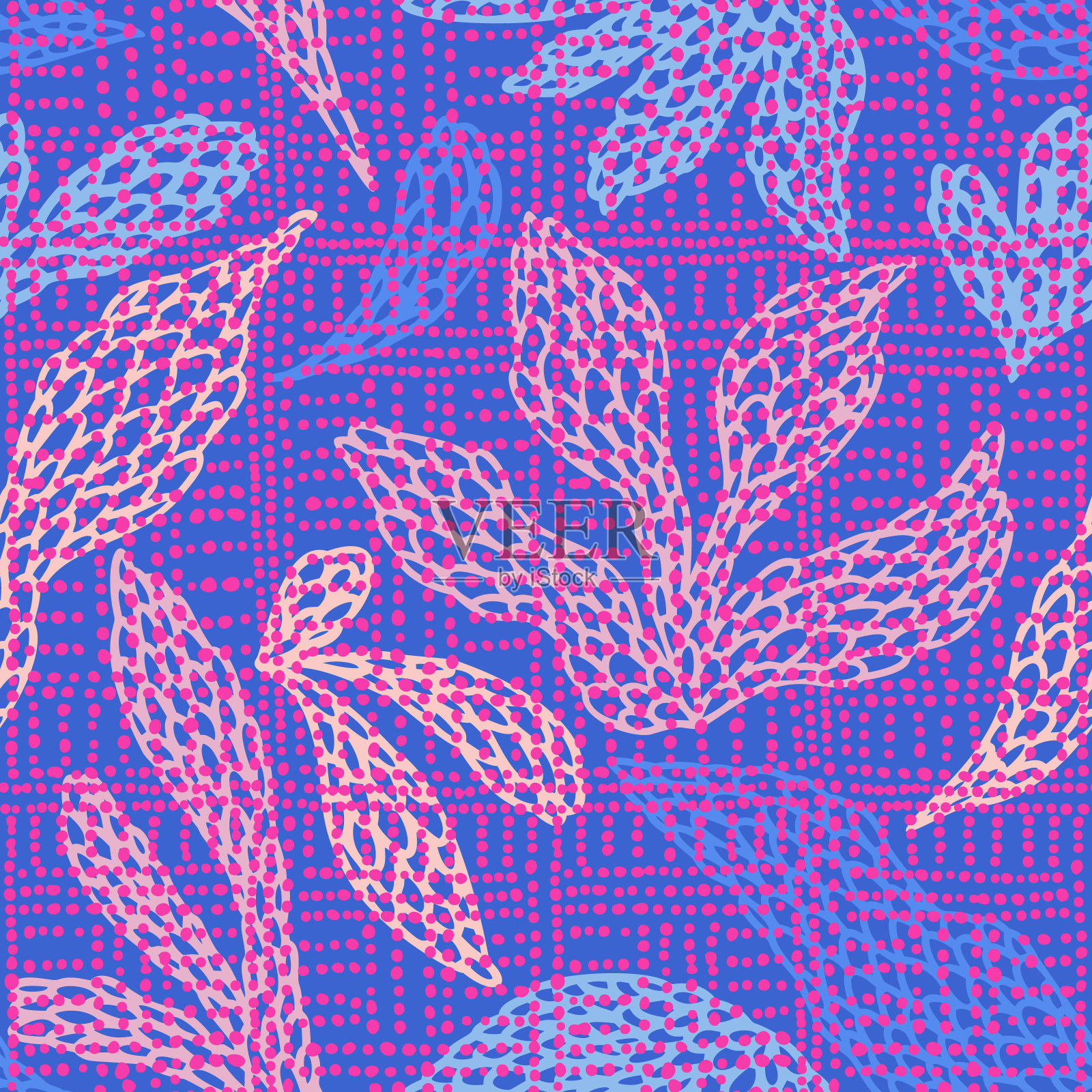 无缝花的模式，由叶子剪影覆盖在点的格子纹理。简单的有机形式。抽象背景与圆形几何形状与花边纹理表面打印。插画图片素材