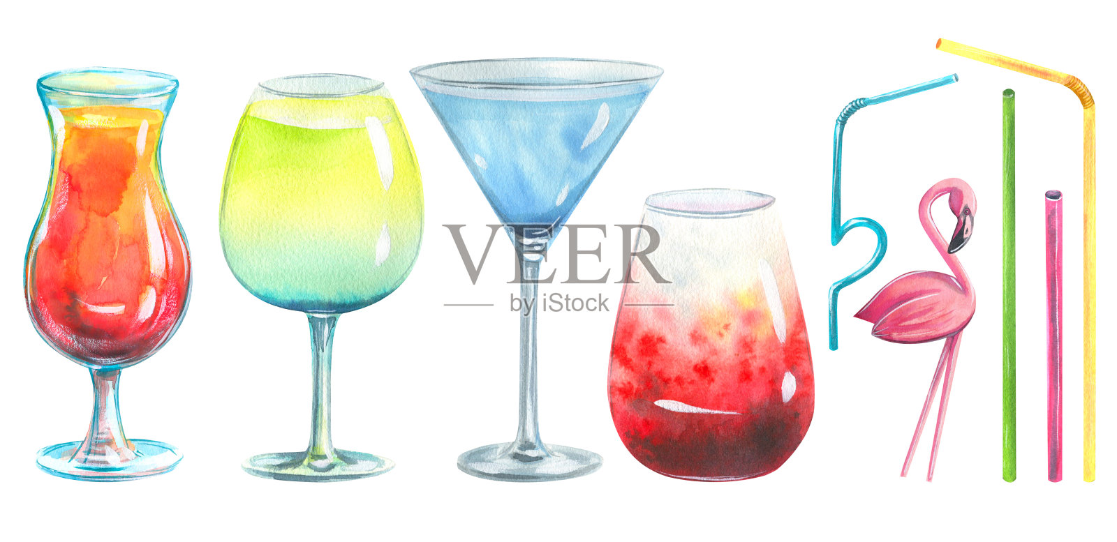 手绘鸡尾酒水彩插图，鸡尾酒管和火烈鸟形象装饰插画图片素材