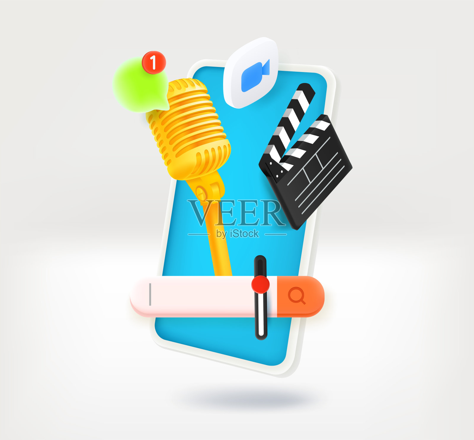 制作移动多媒体项目概念与拍手，麦克风，音量标签，聊天云和相机图标。3 d矢量图图标素材