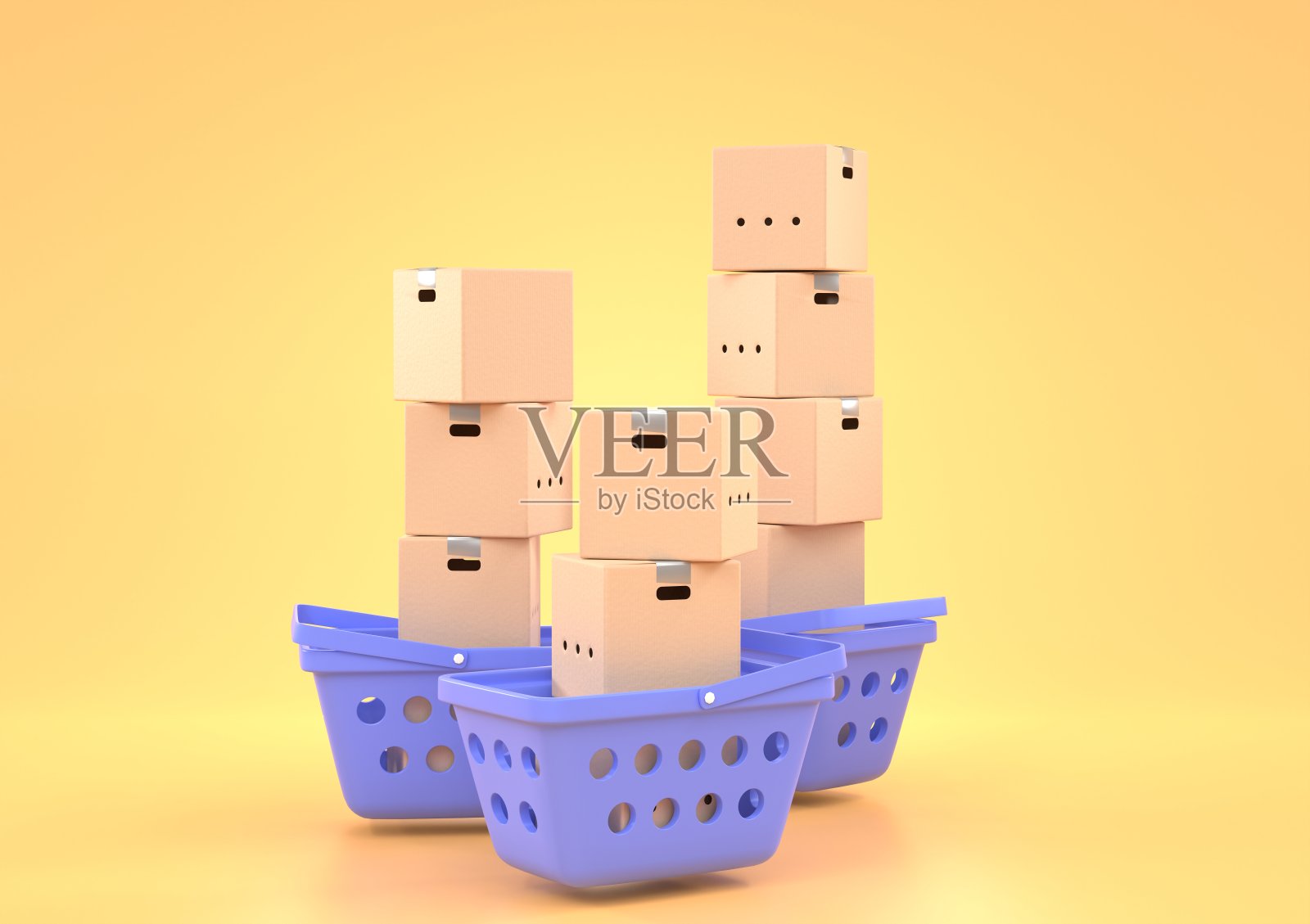 购物篮和成堆的纸箱。从网上商店、零售商店或市场发货的概念。逼真的3d设置超市购物车与纸箱包装孤立在黄色背景照片摄影图片