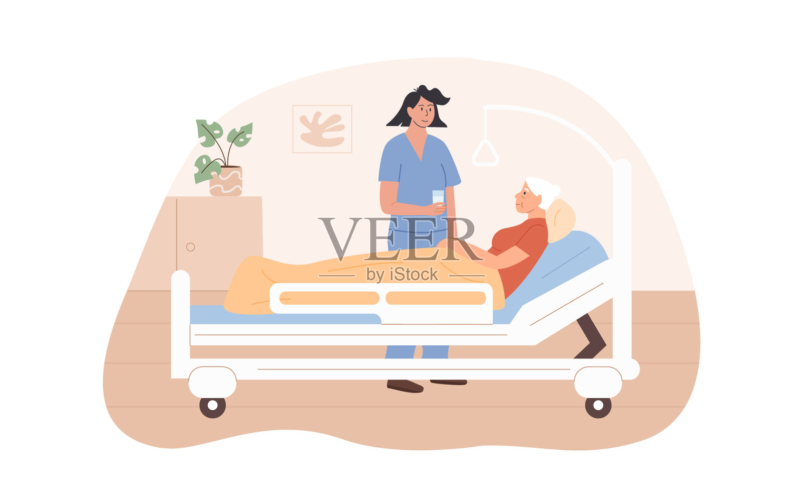 生病的老女人躺在床上。女护士到老人院看望病人。在医院内部工作的医务人员。为长者提供家居照顾服务。住宅保健设施。向量。插画图片素材