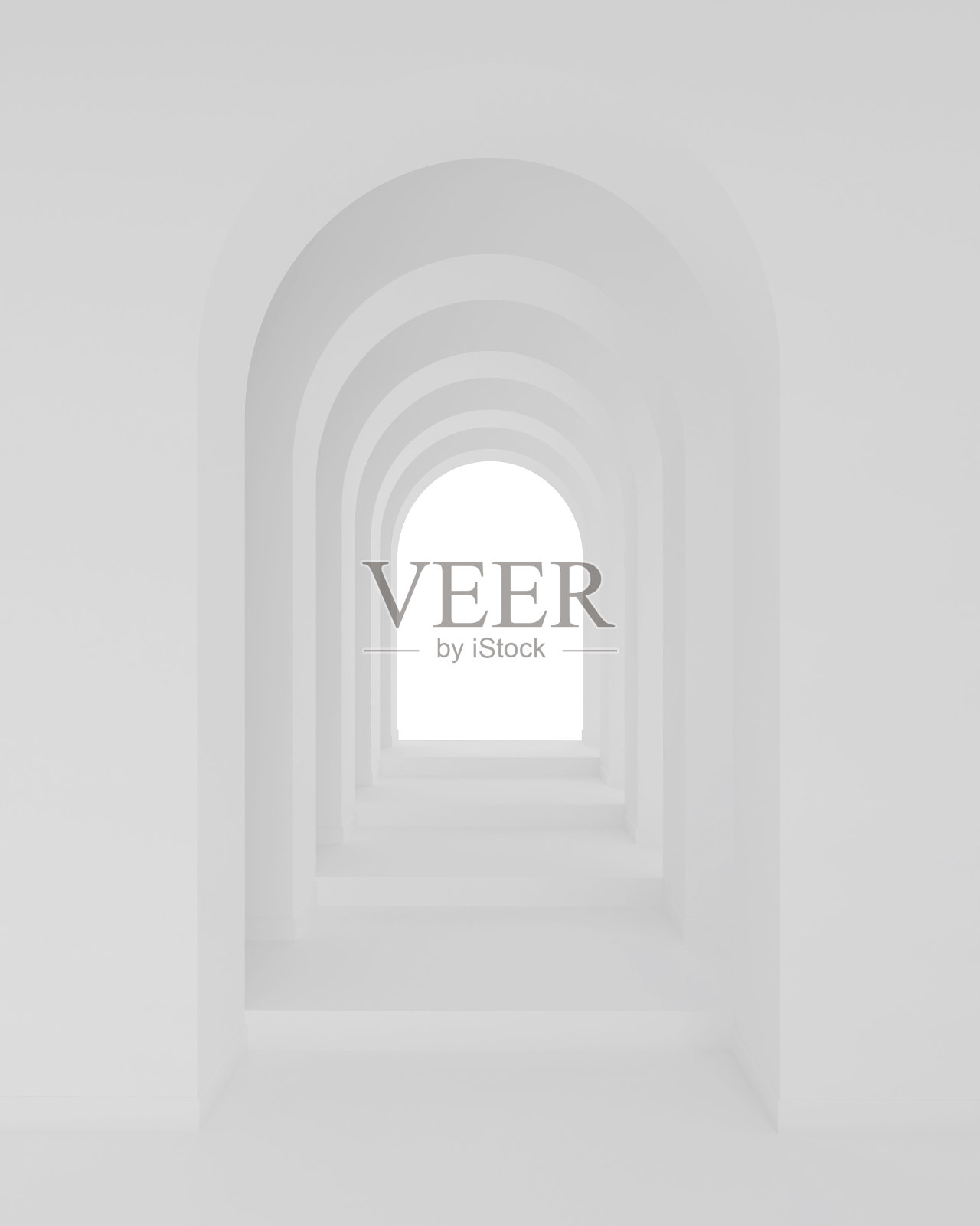 白色建筑拱门走廊空间。抽象拱形曲线廊道。照片摄影图片