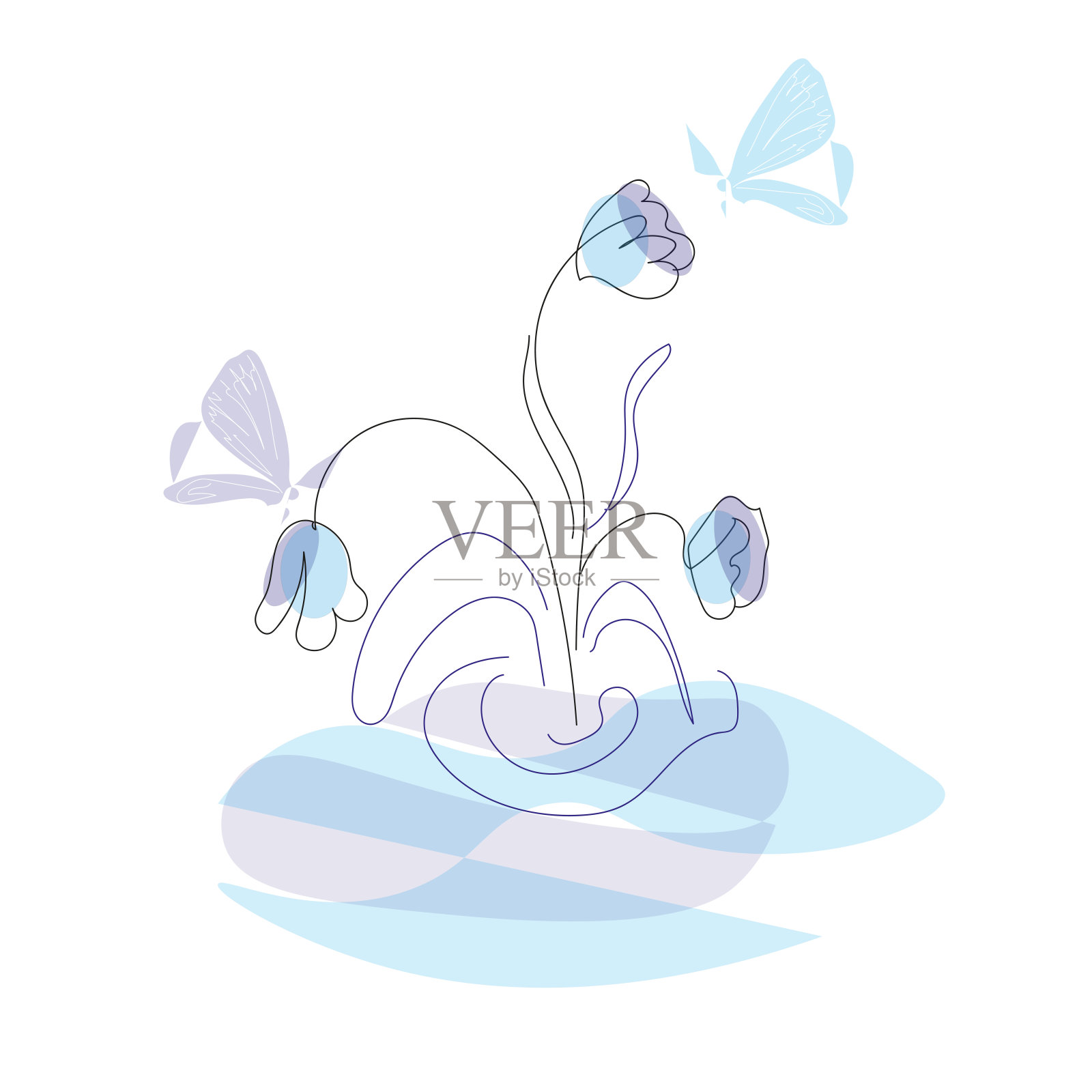 线条艺术风格的雪花莲，带有抽象的斑点和蝴蝶，插画图片素材