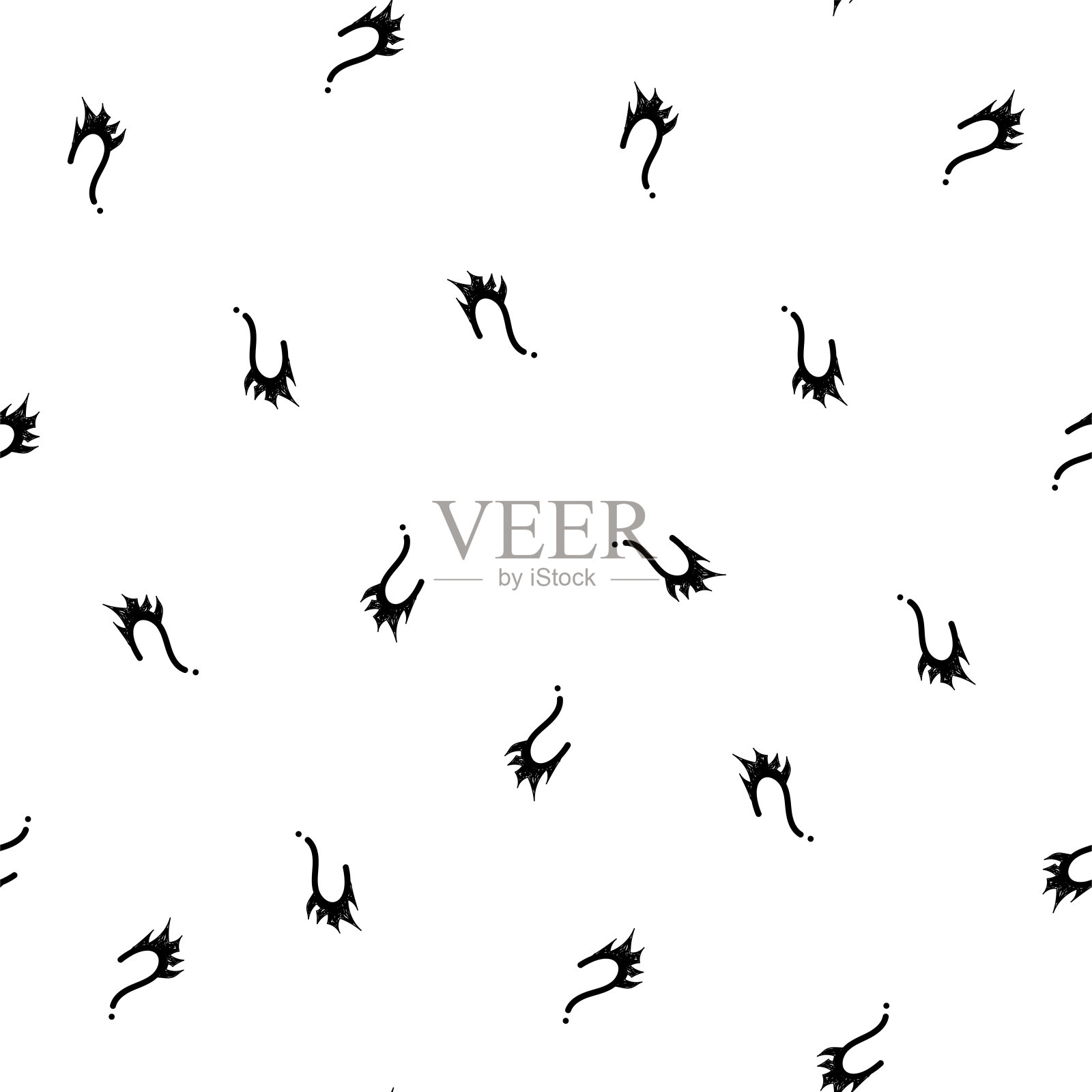 矢量插图。问号无缝模式。无缝向量模式与手绘的问号。单色潮人的背景。手绘黑色标点符号。插画图片素材