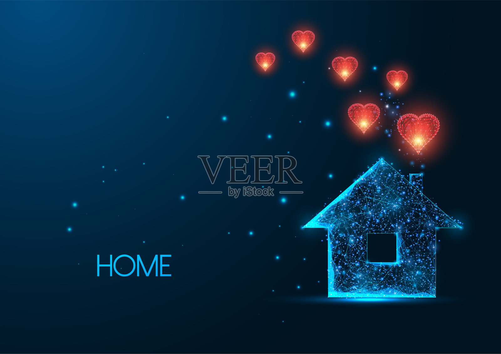 未来家居温馨的概念与发光的低多边形房子图标和红心孤立在深蓝色上插画图片素材