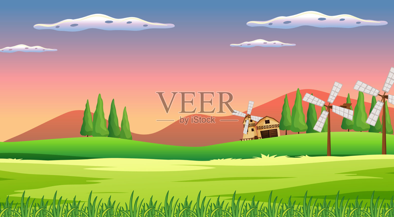 有风车和谷仓的农场场景插画图片素材