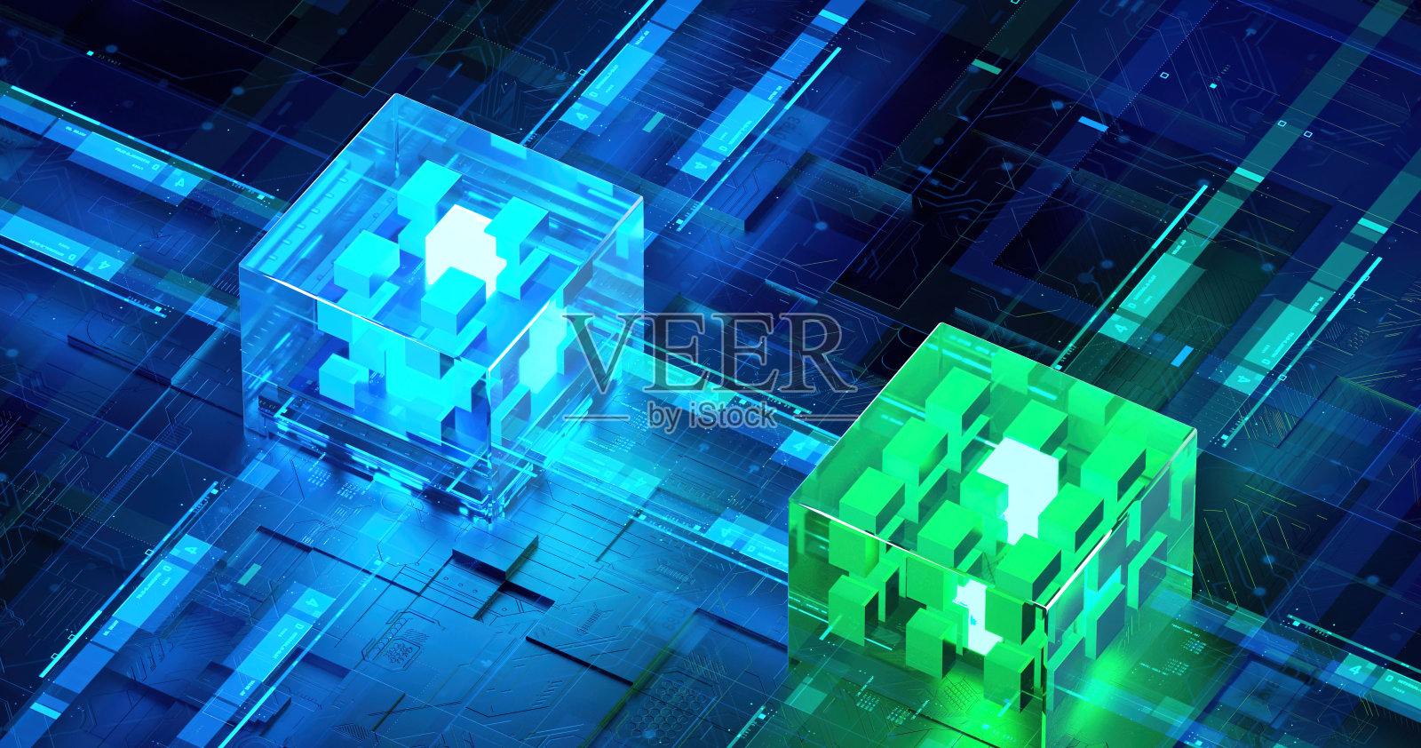 赛博朋克AI的3D渲染。电路板。技术背景。中央计算机处理器CPU和GPU的概念。数字芯片主板。技术科学背景。照片摄影图片