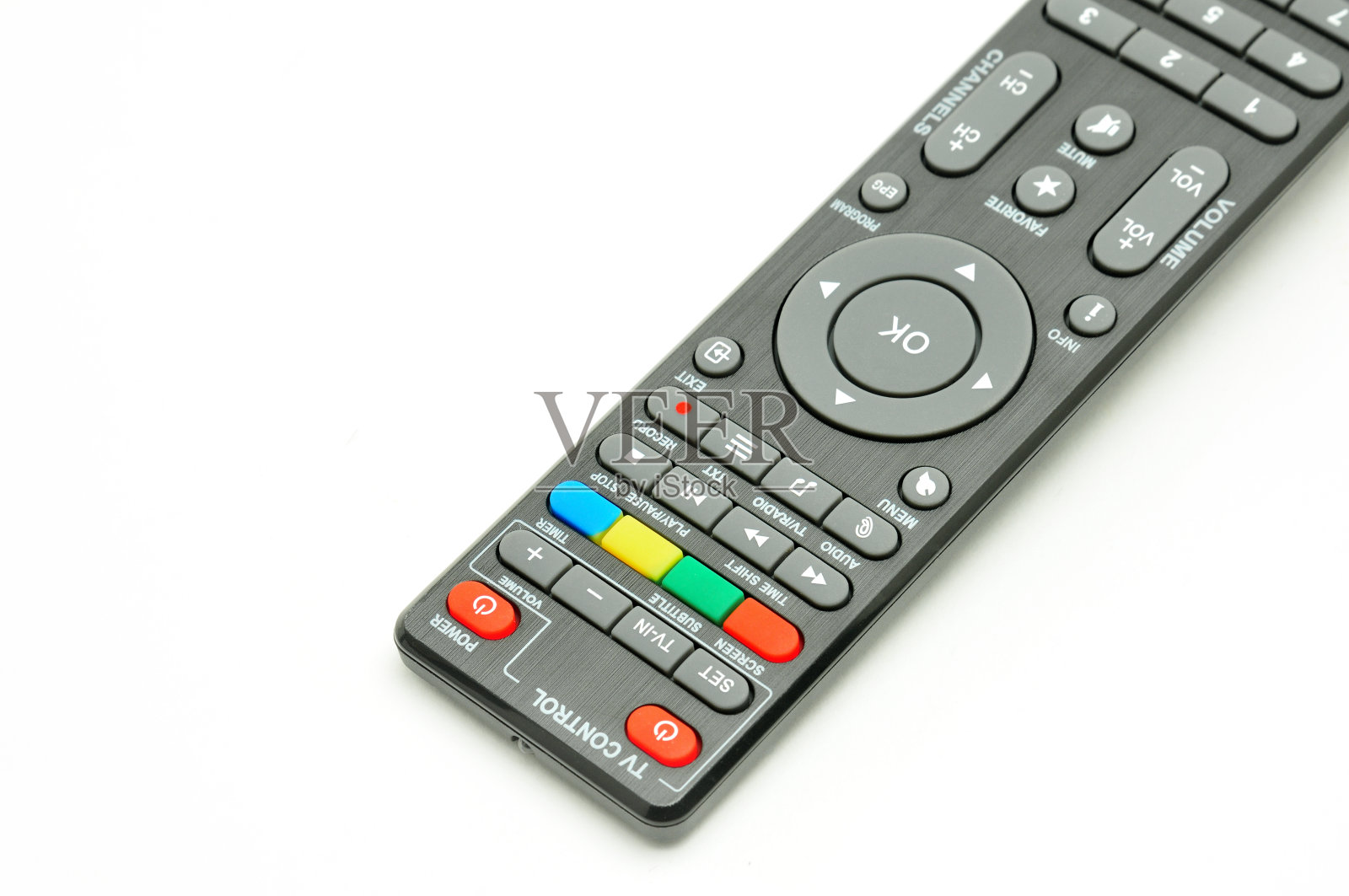 白色背景上的数字电视调谐器、音乐播放器和磁盘驱动器的遥控器照片摄影图片