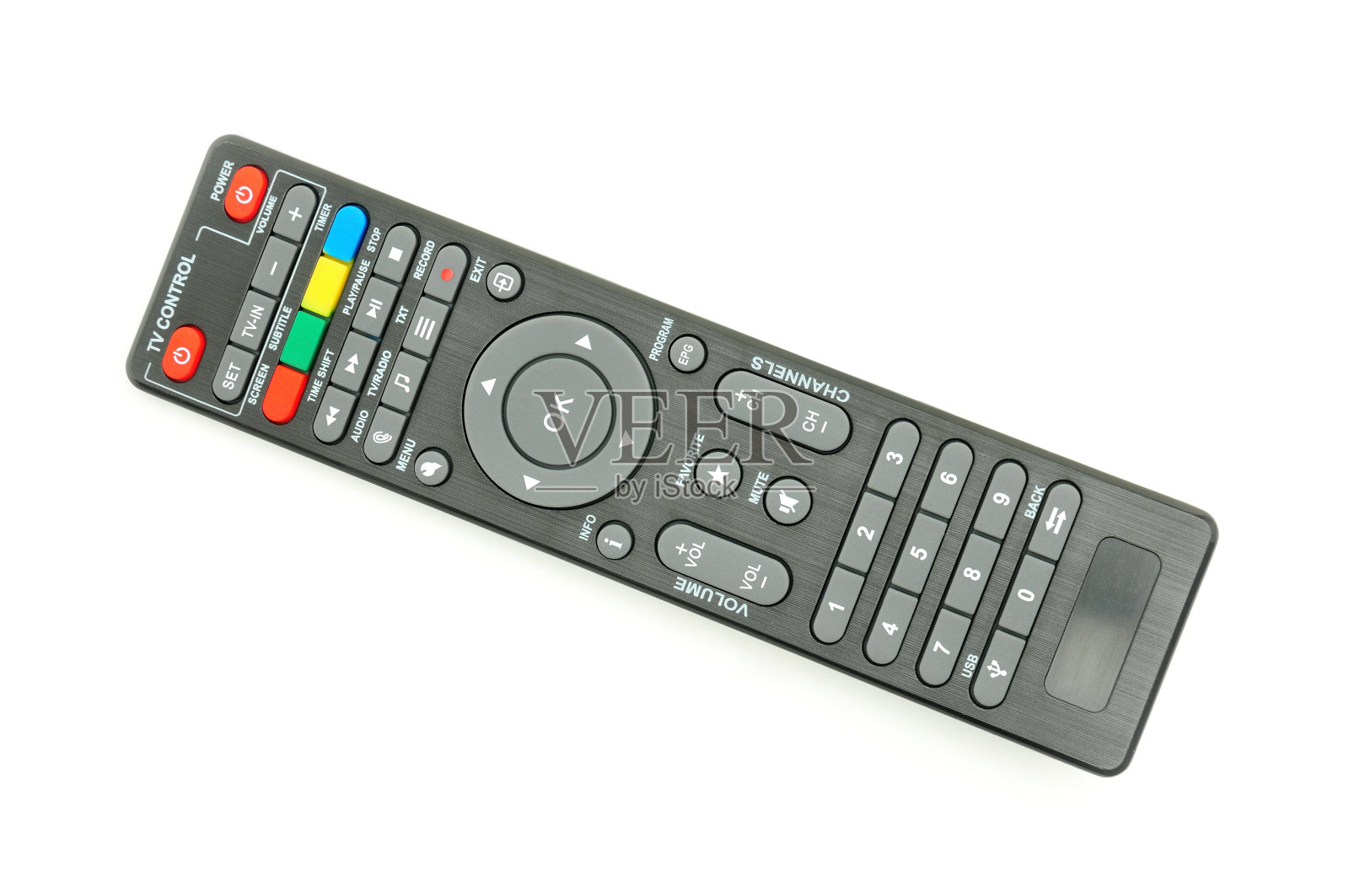 白色背景的数字电视调谐器、音乐播放器和磁盘驱动器的遥控器照片摄影图片