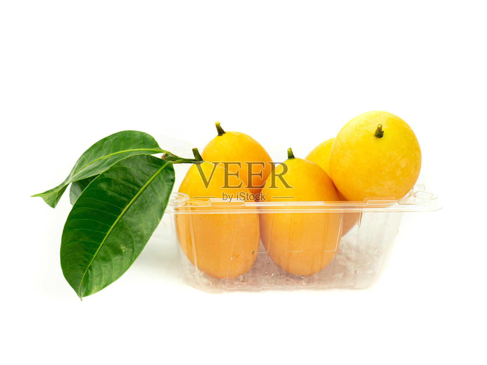 茉莉安李子与白色的叶子背景，新鲜的黄色果实。照片摄影图片