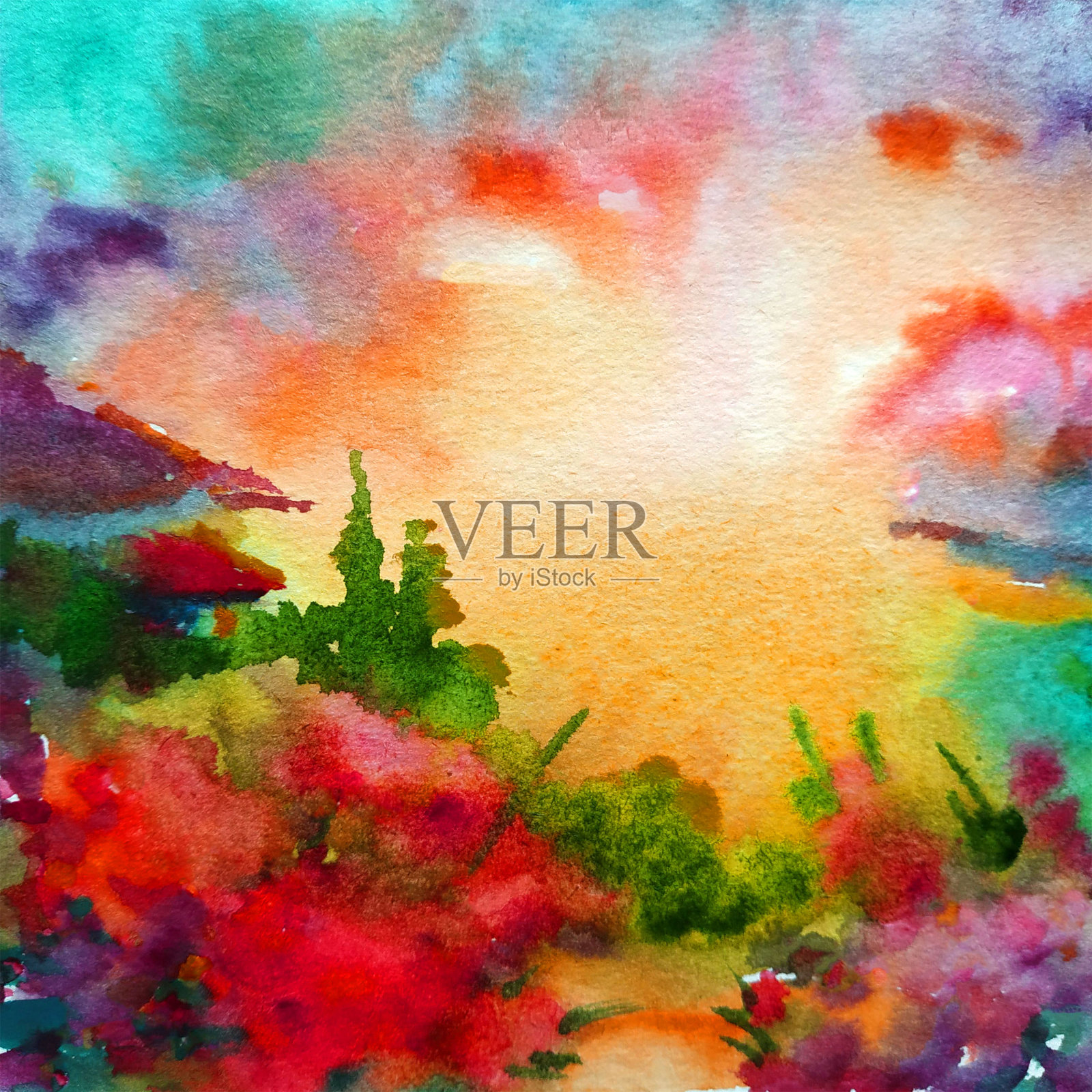 水彩彩色明亮纹理抽象背景手工制作。地中海风景。乌克兰海滨小镇的建筑和植被的绘画插画图片素材