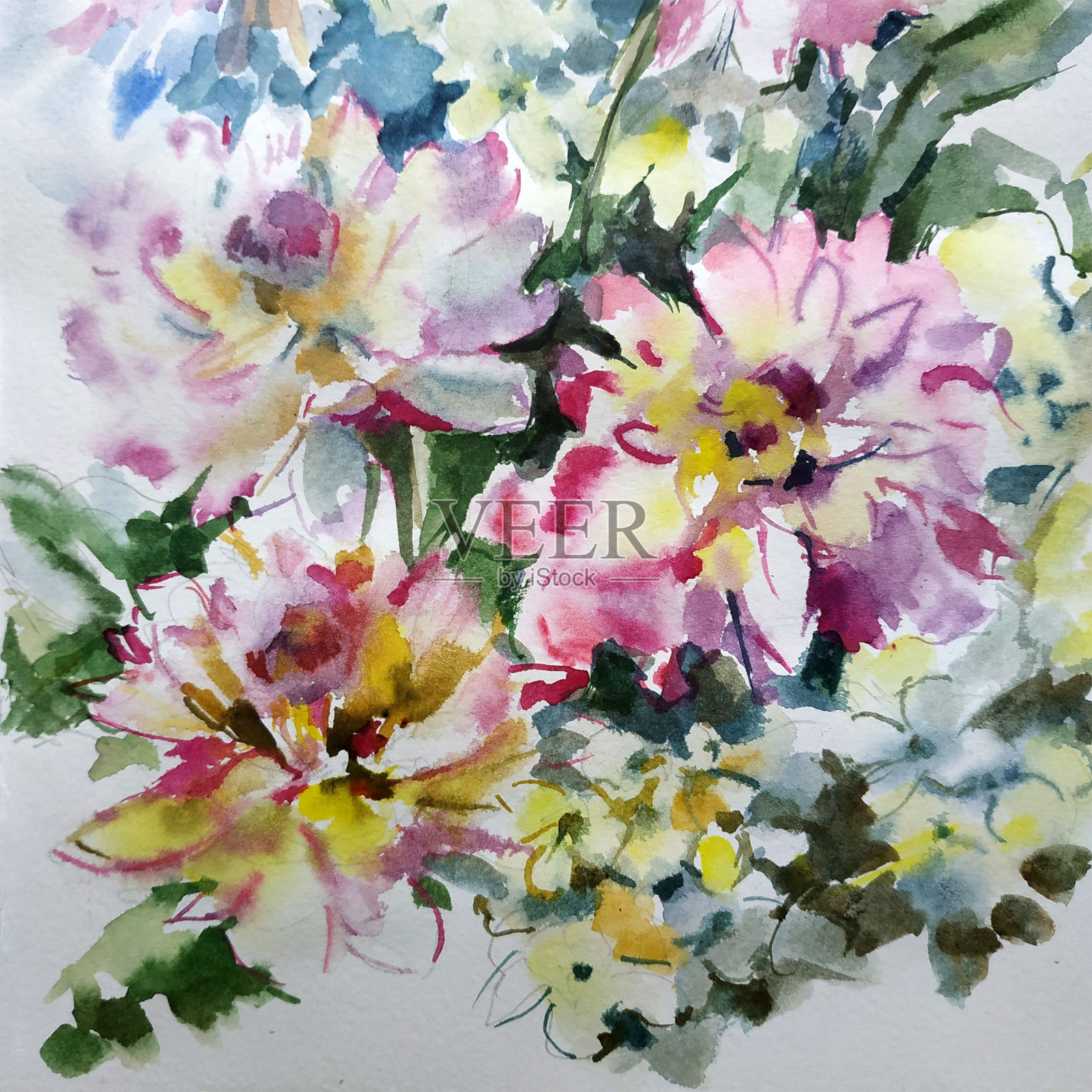 抽象鲜艳的装饰背景。花的图案手工制作。美丽温柔浪漫的夏日野花花束插画图片素材