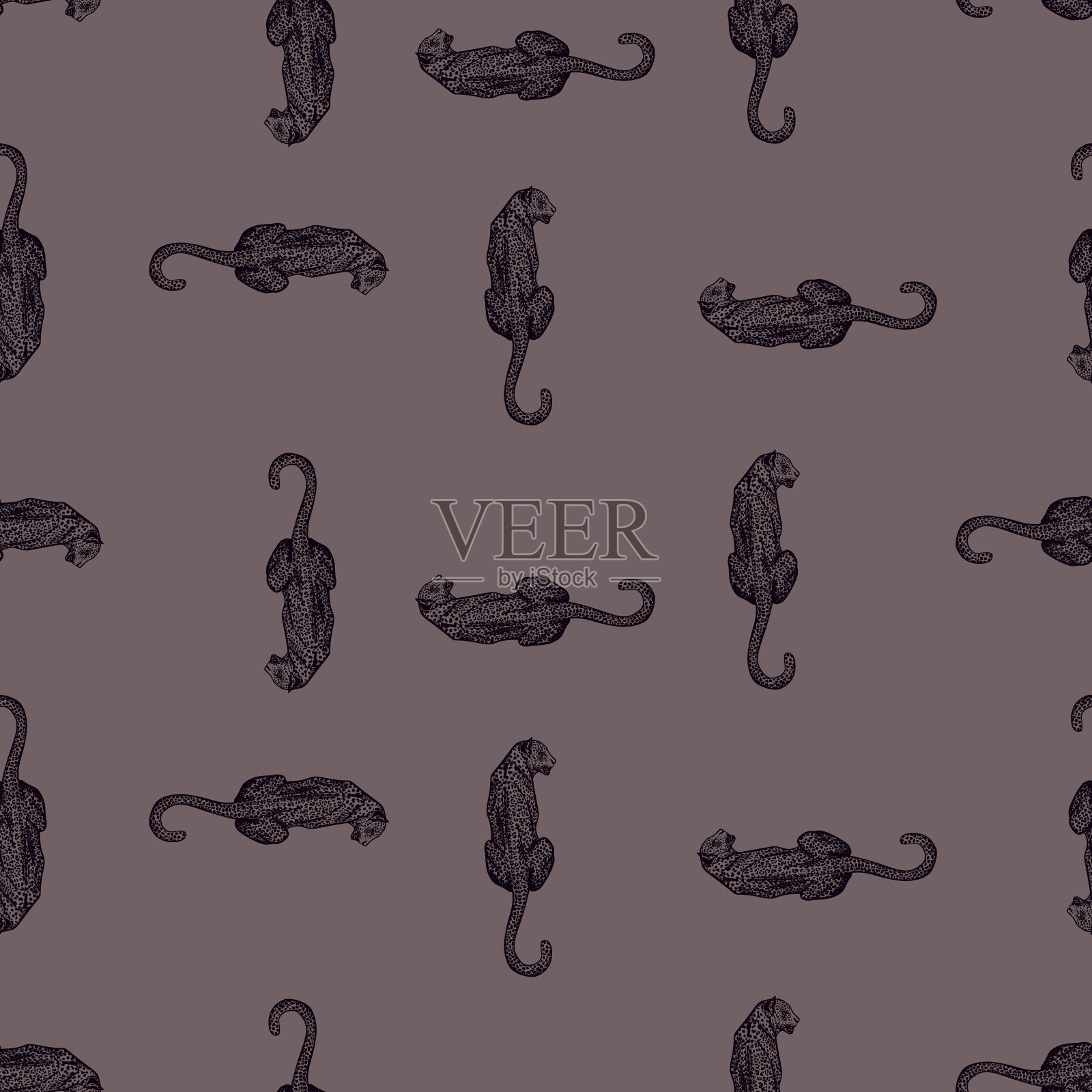 豹坐背无缝模式。复古野生动物背景。插画图片素材