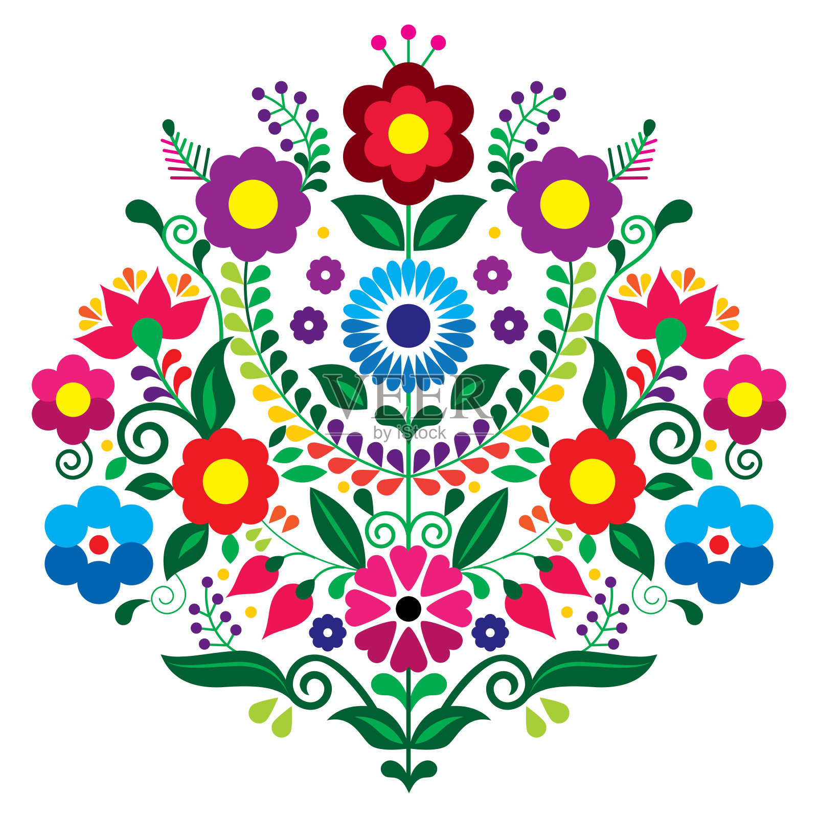 墨西哥传统花卉刺绣风格矢量设计构图与鲜花，充满活力的图案灵感来自墨西哥民间艺术插画图片素材