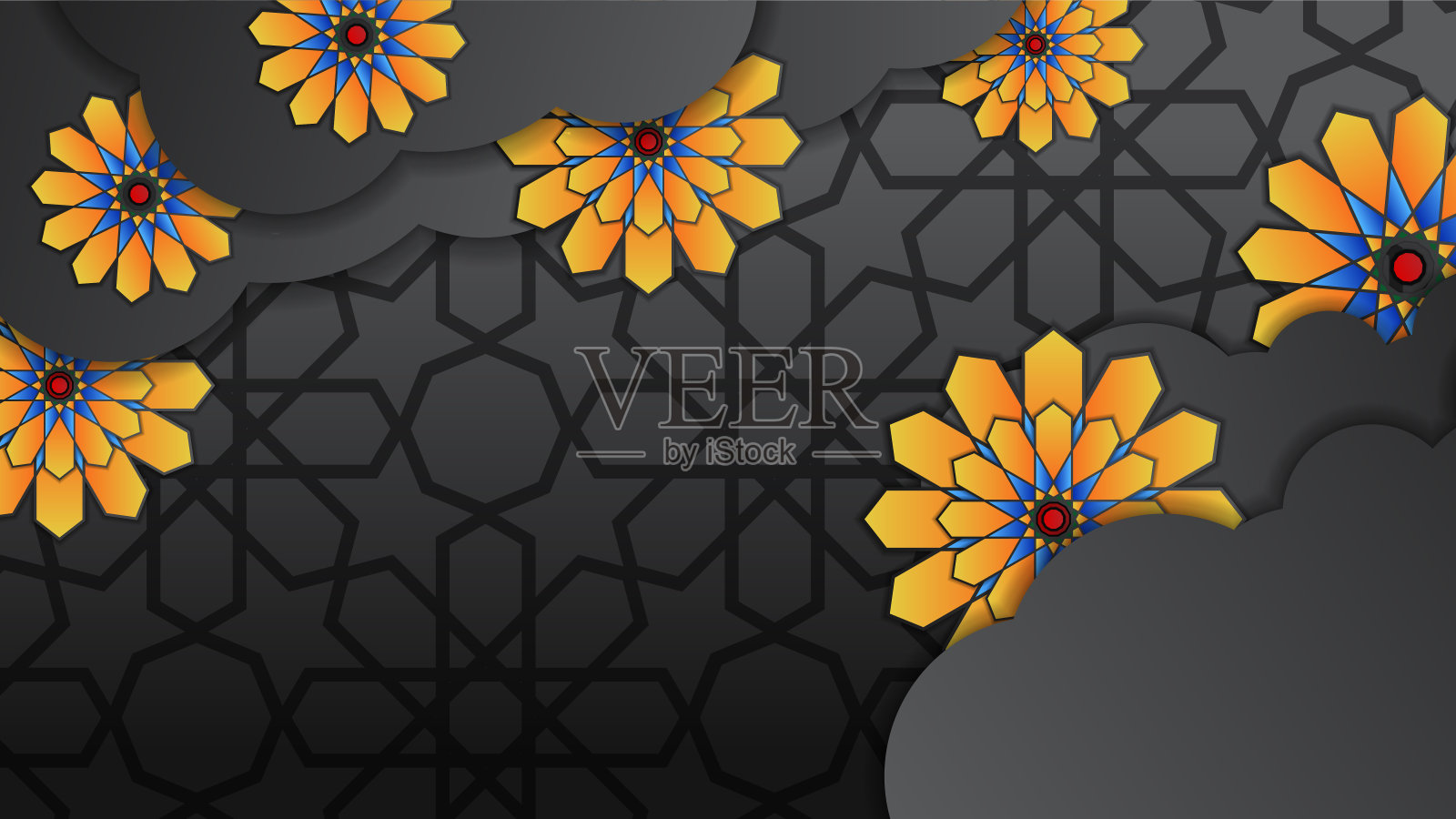 豪华金色灯笼阿拉伯黑金伊斯兰设计背景。世界斋月大旗背景，有灯笼、月亮、伊斯兰图案、清真寺和抽象的奢华伊斯兰元素插画图片素材