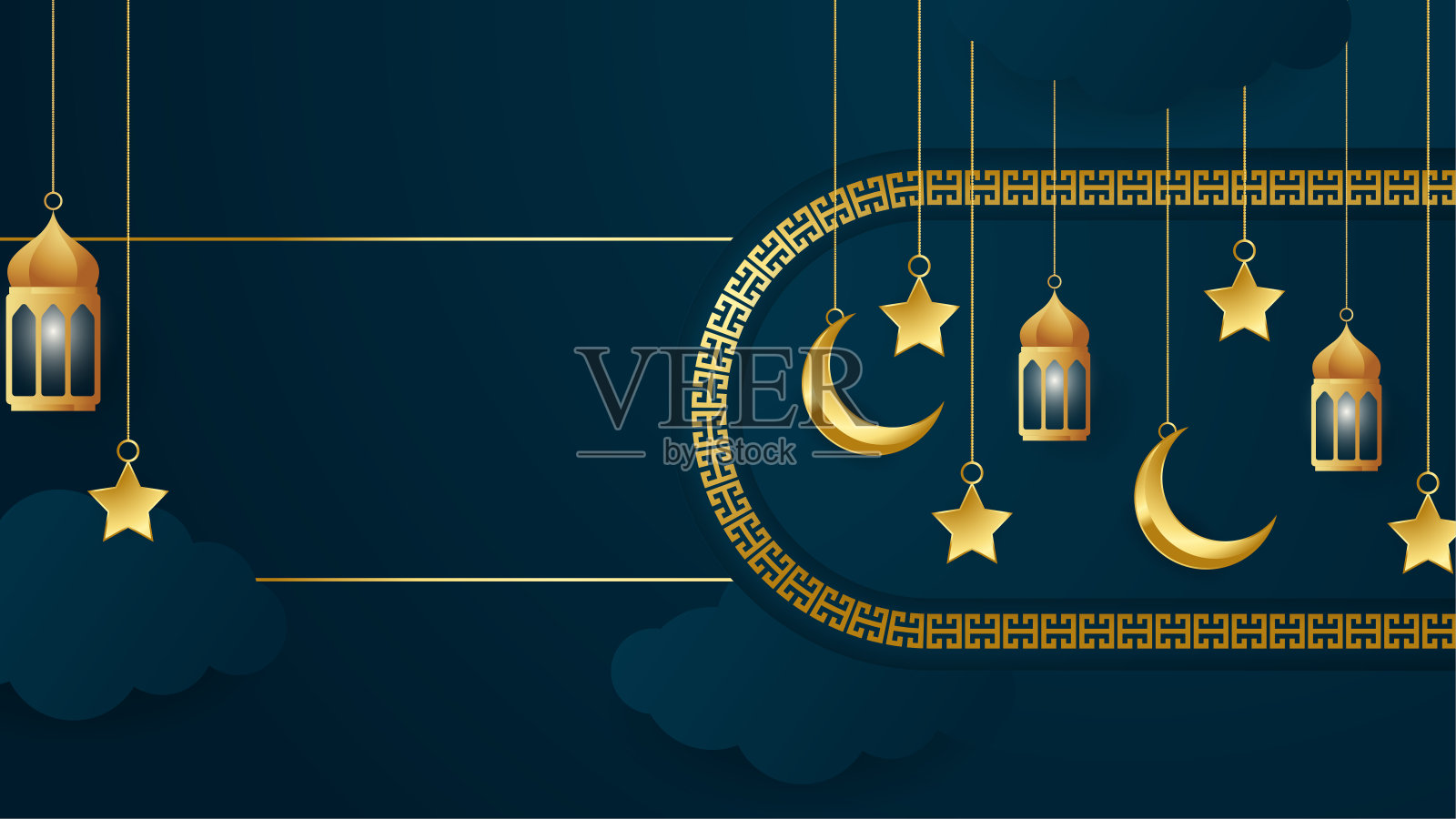 金色灯笼阿拉伯深蓝色伊斯兰设计背景。世界斋月大旗背景，有灯笼、月亮、伊斯兰图案、清真寺和抽象的奢华伊斯兰元素插画图片素材