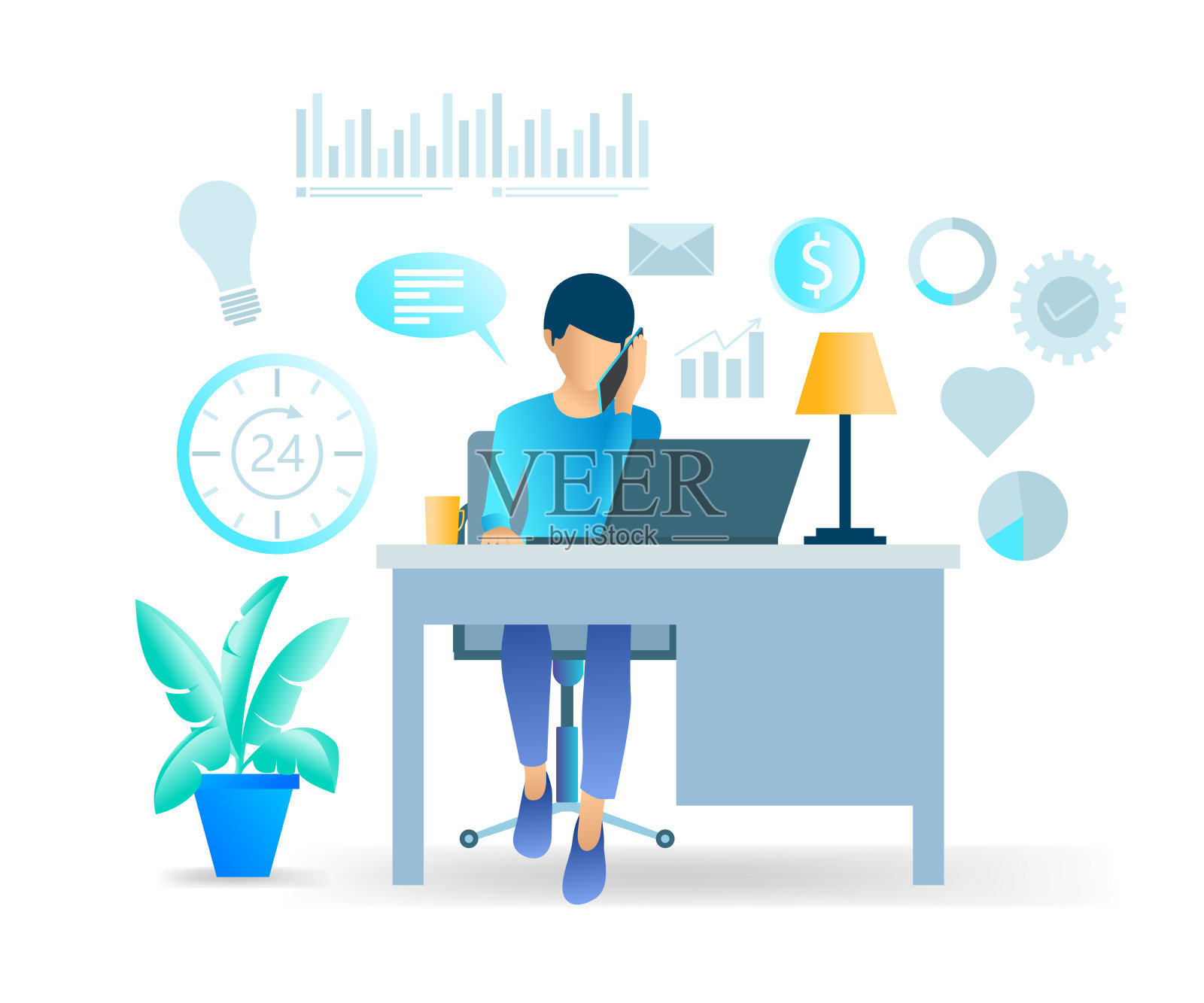 一个男人坐在笔记本电脑前插画图片素材