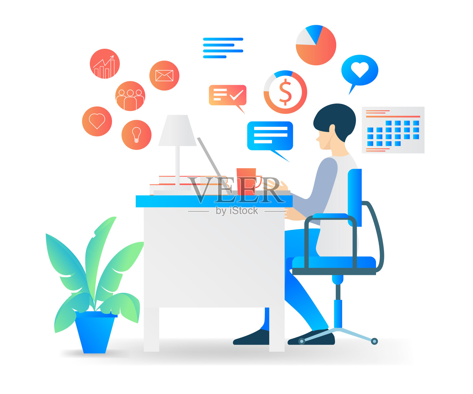 在办公室用笔记本电脑工作的人插画图片素材