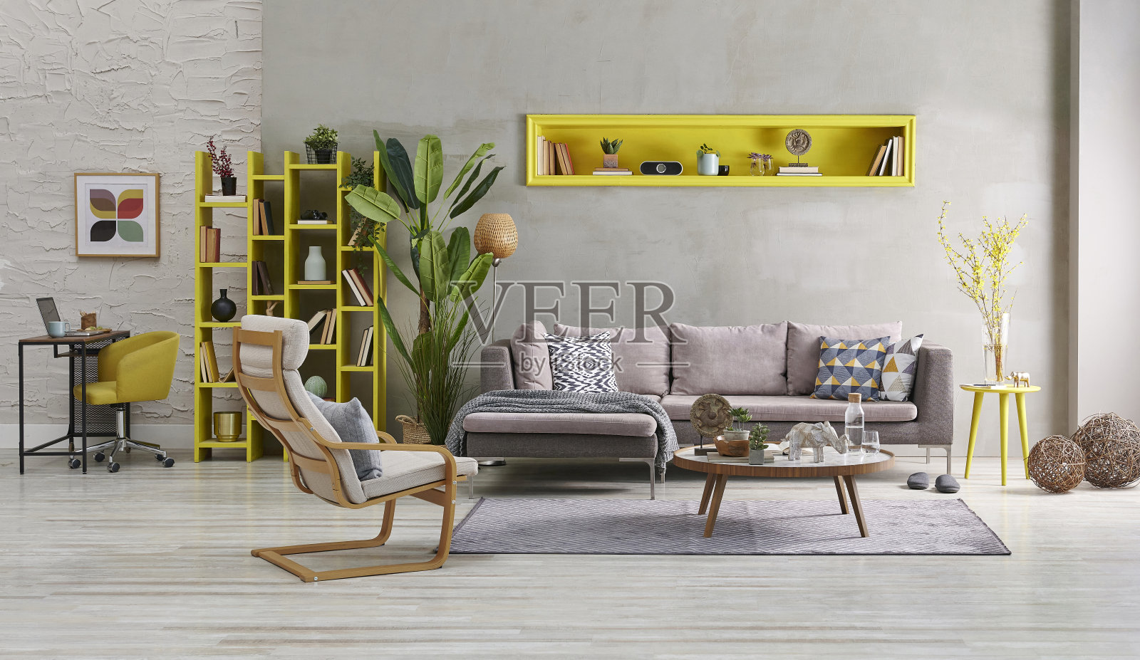 现代家居室内在家庭办公室和木制桌子笔记本电脑书架书架和混凝土墙照片摄影图片