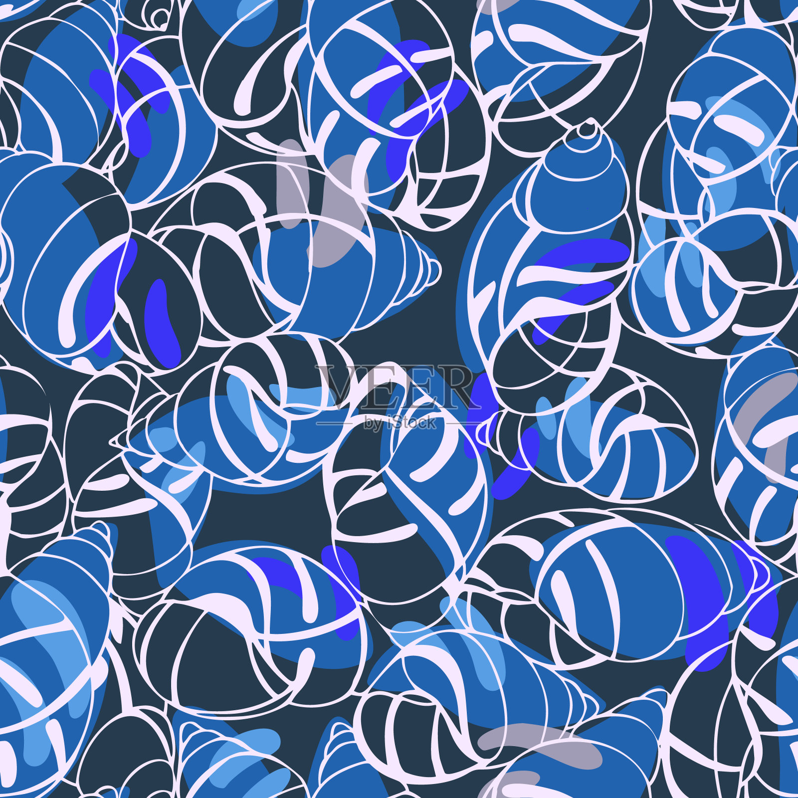 无缝装饰海螺图案设计印刷。手绘草图风格。摘要卷曲漩涡形状。复杂的几何性质背景的表面，纺织品，织物。壳图纸。插画图片素材