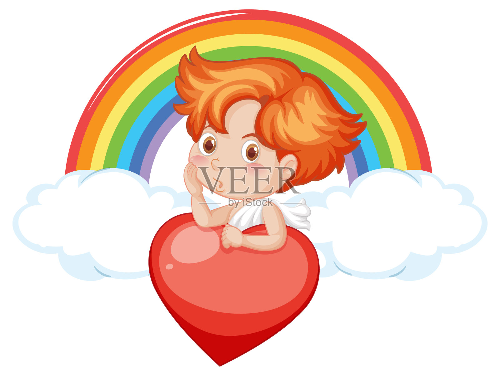 天使男孩拿着红心在彩虹的背景上插画图片素材