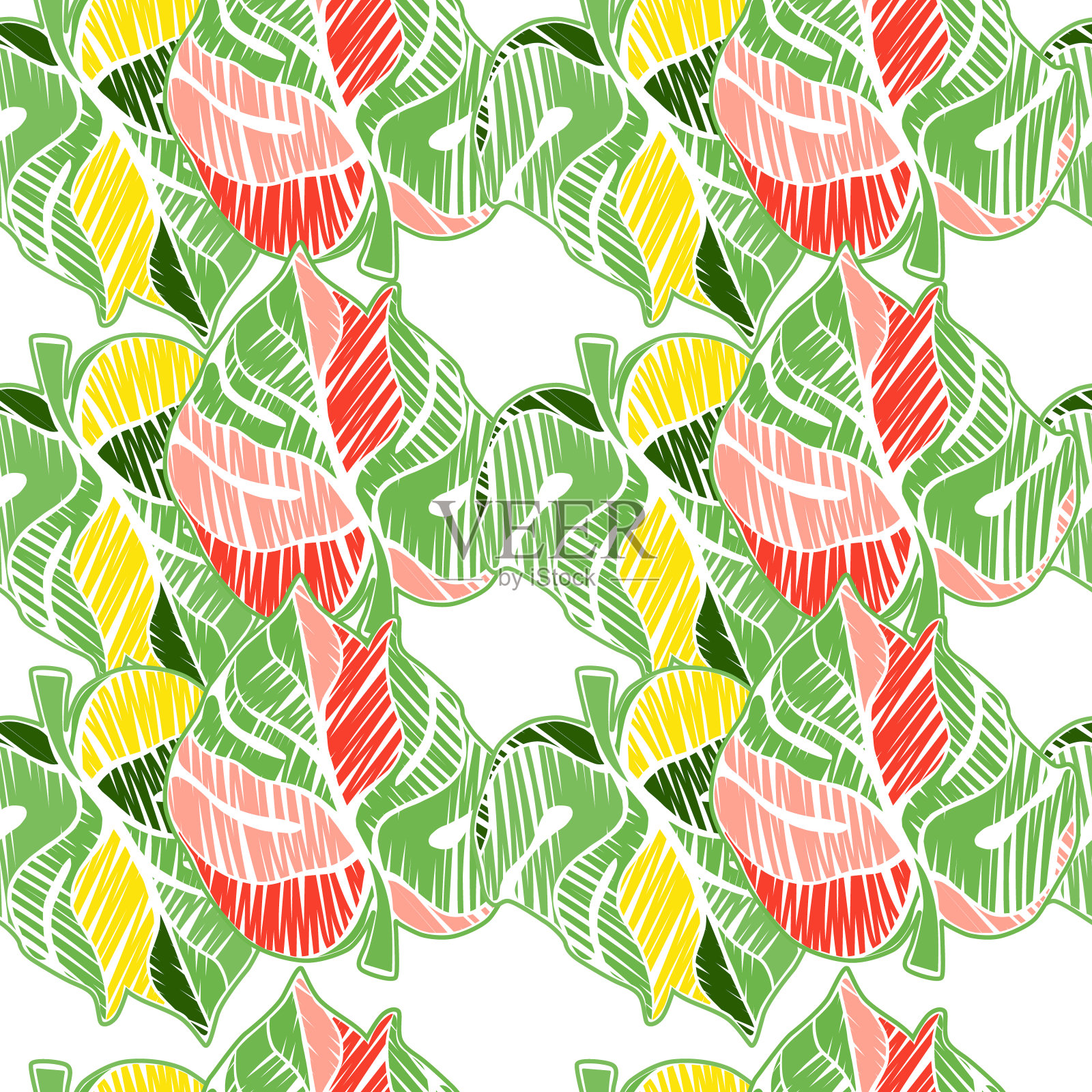 手绘刺绣怪兽叶热带无缝图案。棕榈叶无尽的壁纸。插画图片素材