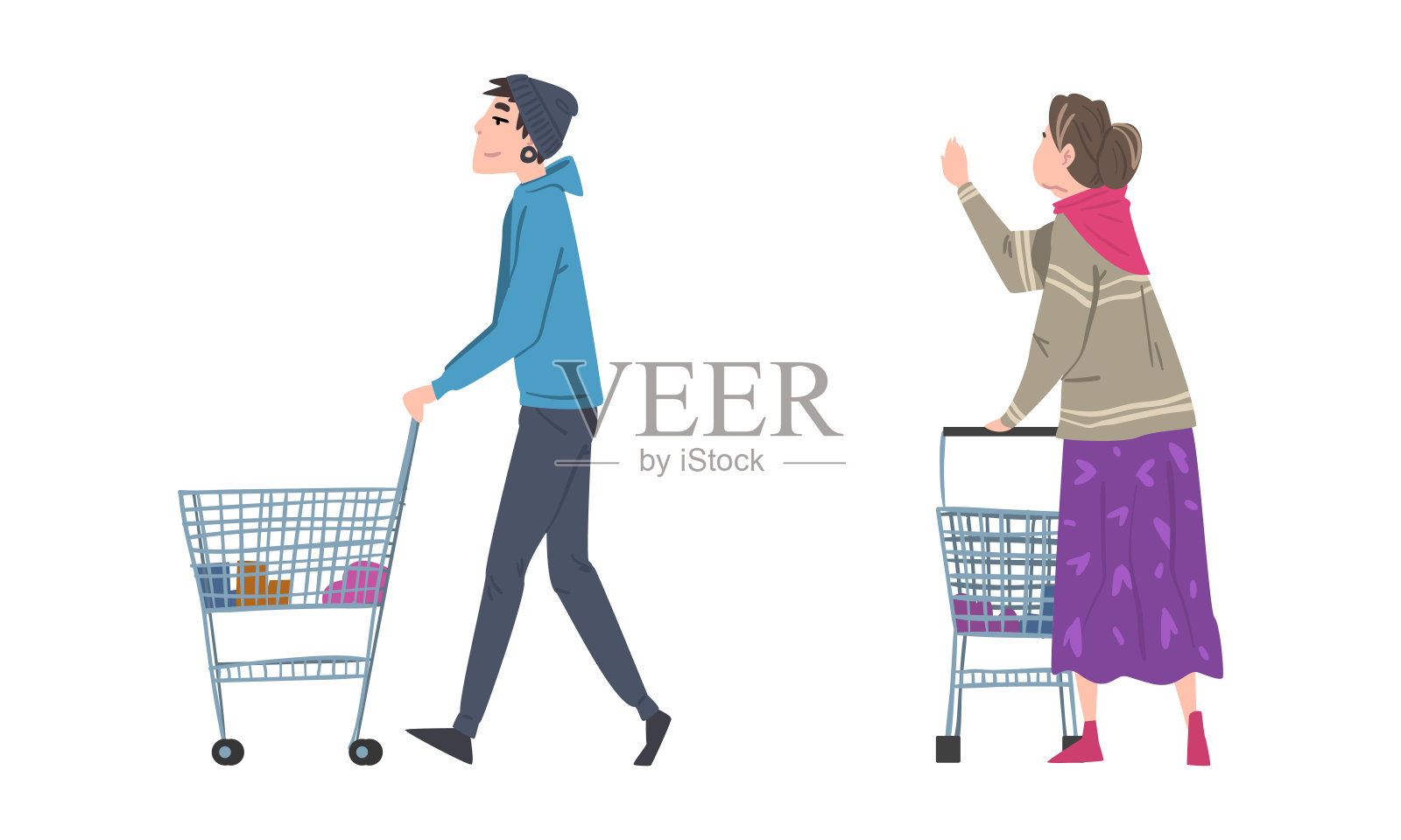 人们用手推车购物在超市设置卡通矢量插图插画图片素材
