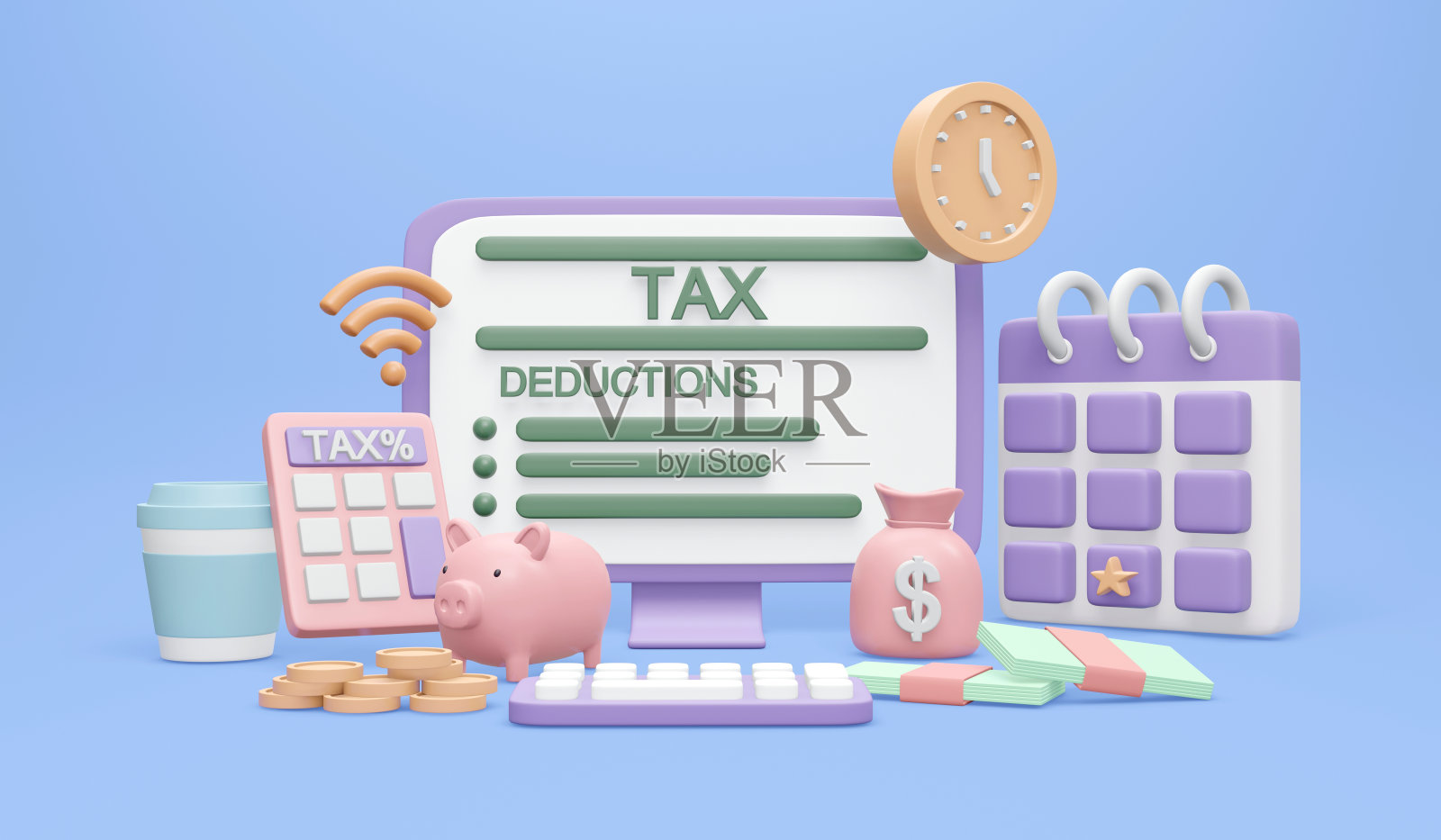 3D渲染的计算机与税收和扣除填表在线日历和计算器概念的截止时间纳税的背景。3D渲染插图卡通风格。照片摄影图片