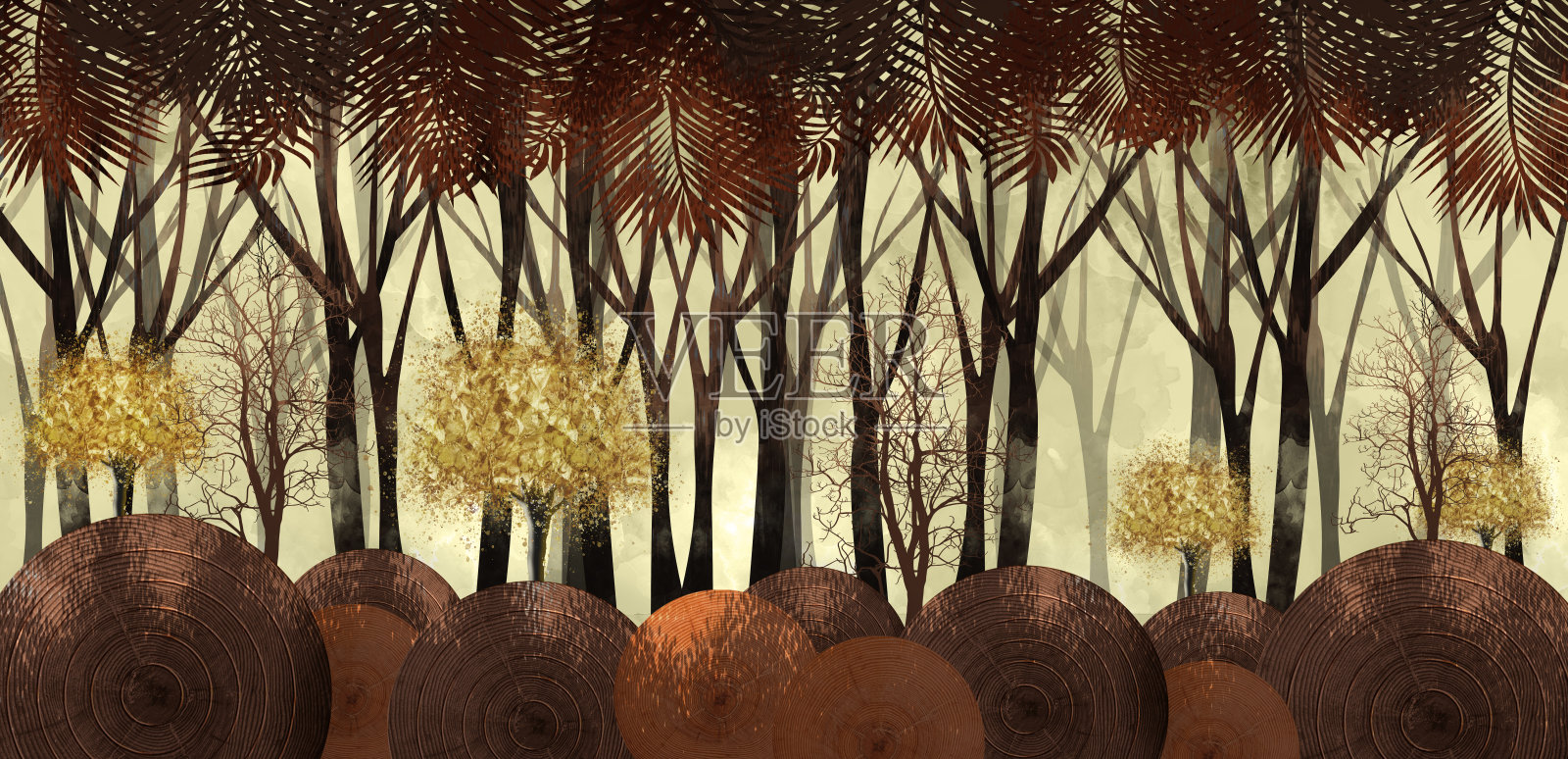 3d绘画壁画插图景观森林金色树棕色壁纸。山峦与简单的绘画现代背景插画图片素材