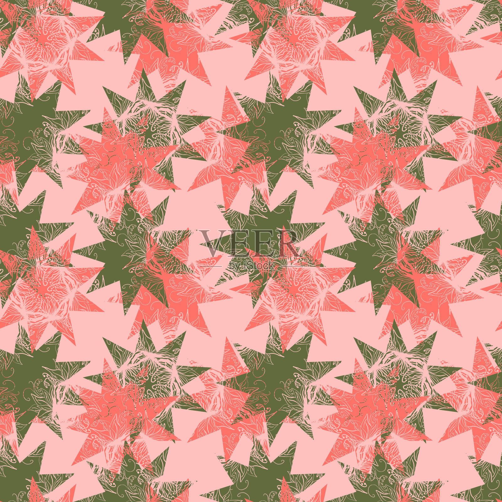 精致的开放式星星与雕刻植物主题向量无缝模式插画图片素材