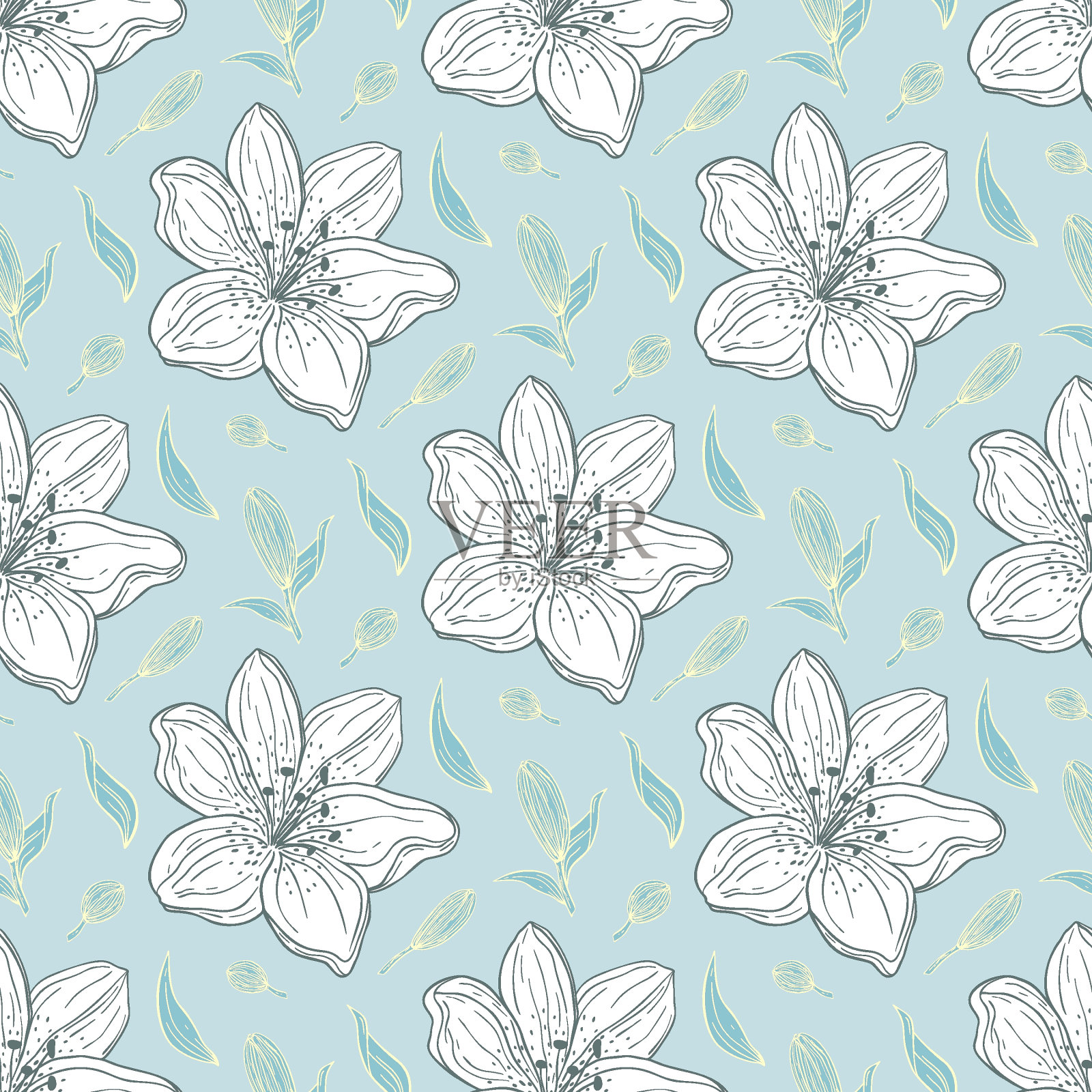 手绘无缝图案向量的花和叶子。盛开的百合。装饰花卉涂鸦插图贺卡，邀请，墙纸，包装纸，织物插画图片素材
