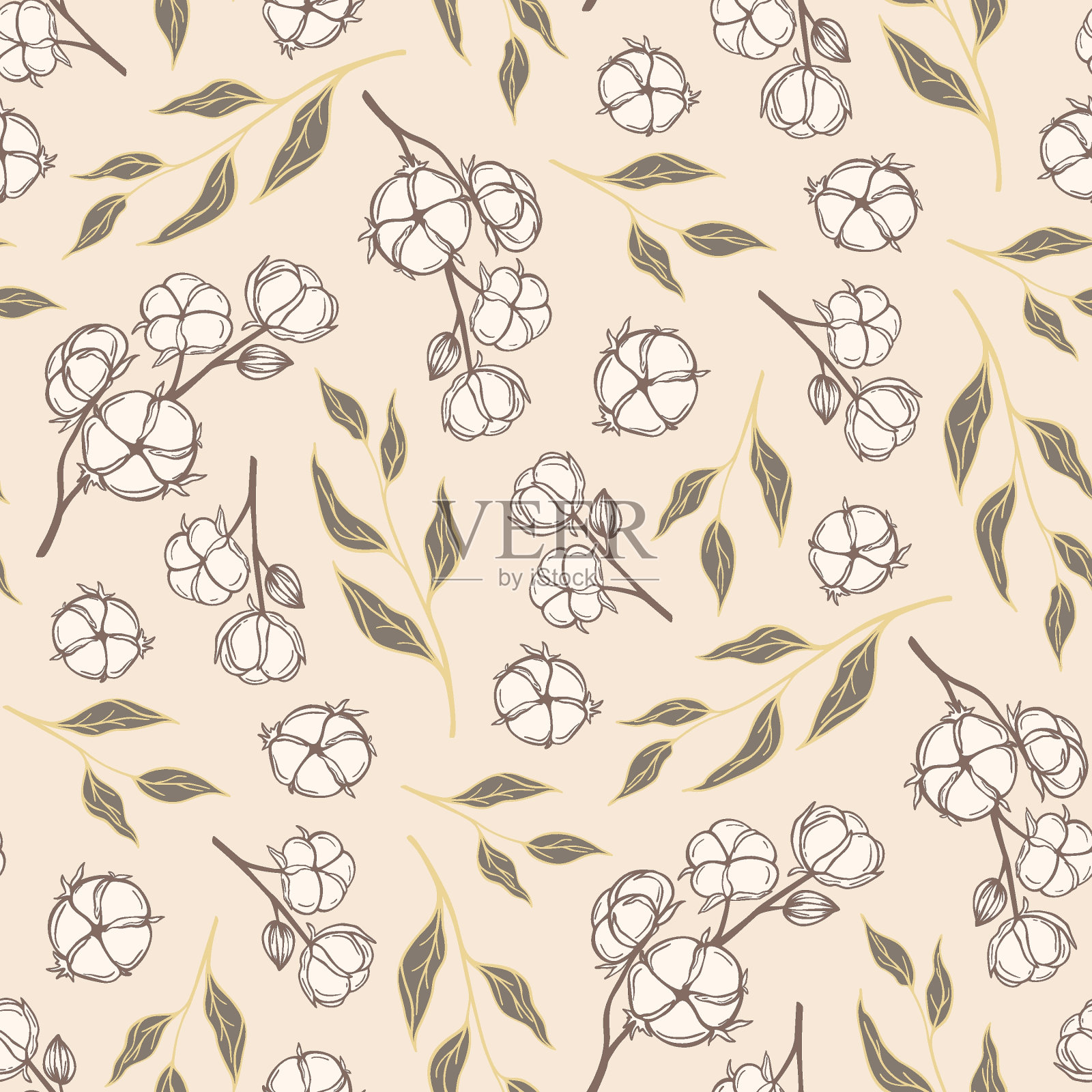 手绘无缝图案矢量的棉花和叶子。装饰花卉涂鸦插图贺卡，邀请，墙纸，包装纸，织物插画图片素材