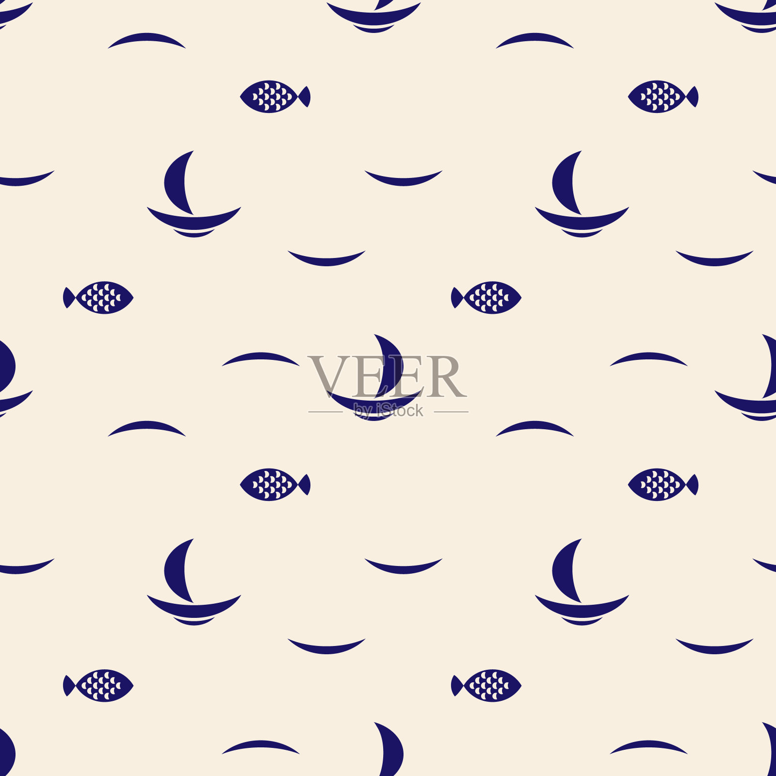 几何无缝图案与程式化的鱼和船插画图片素材