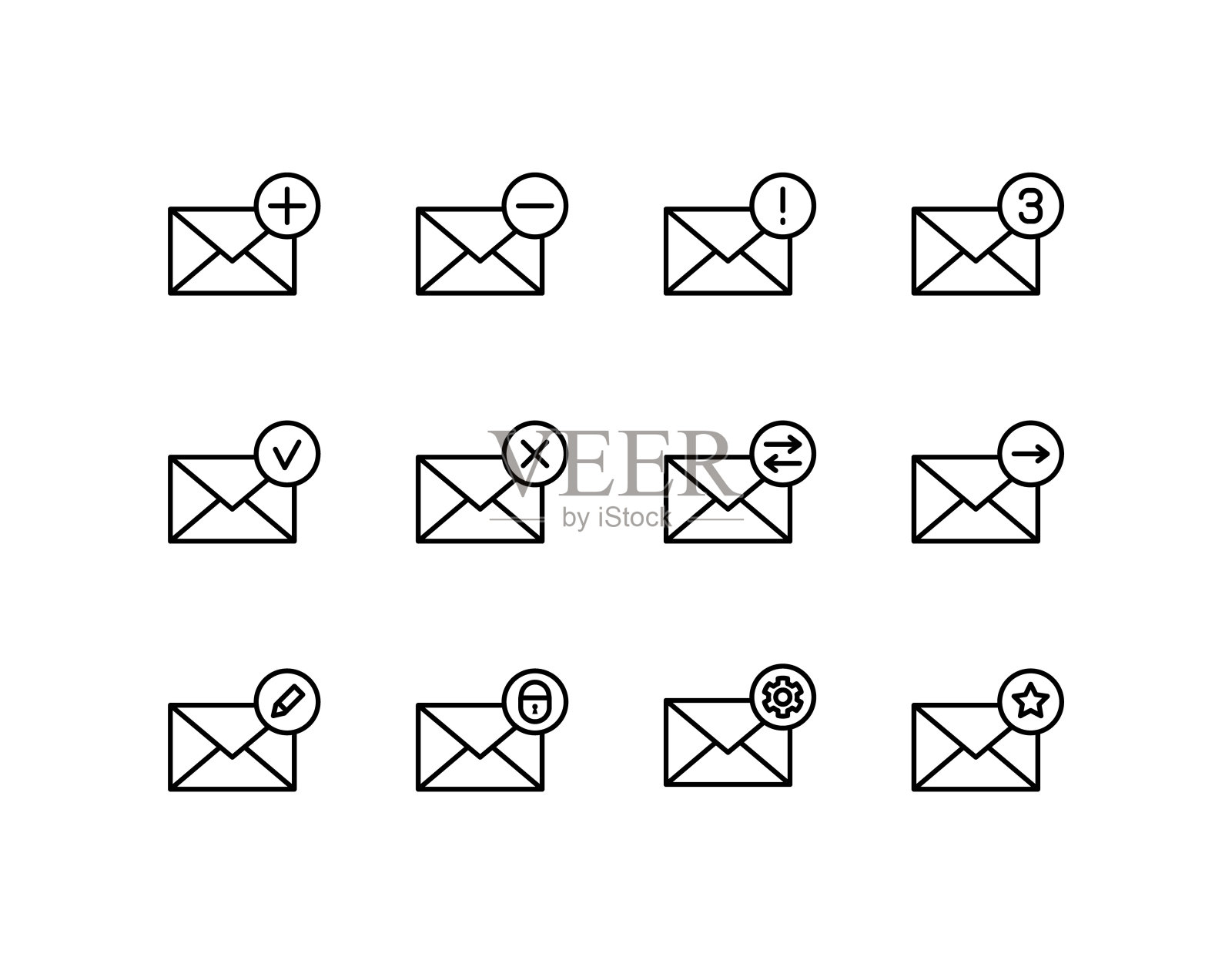 设置了消息平面行图标。这类图标包含邮局信件、信封、聊天语音泡泡、邮件等。简单的平面矢量插图网站或移动应用程序图标素材