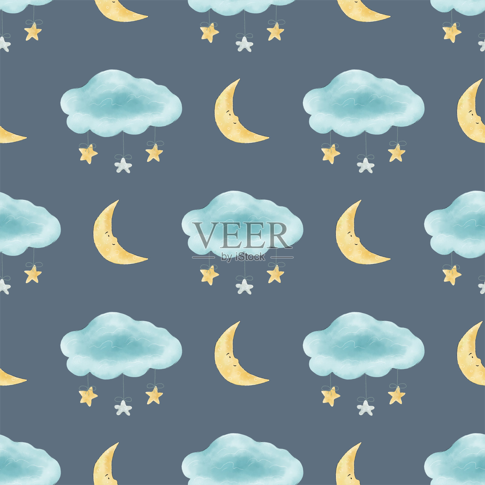 无缝的新月、云和星星图案。插图。插画图片素材