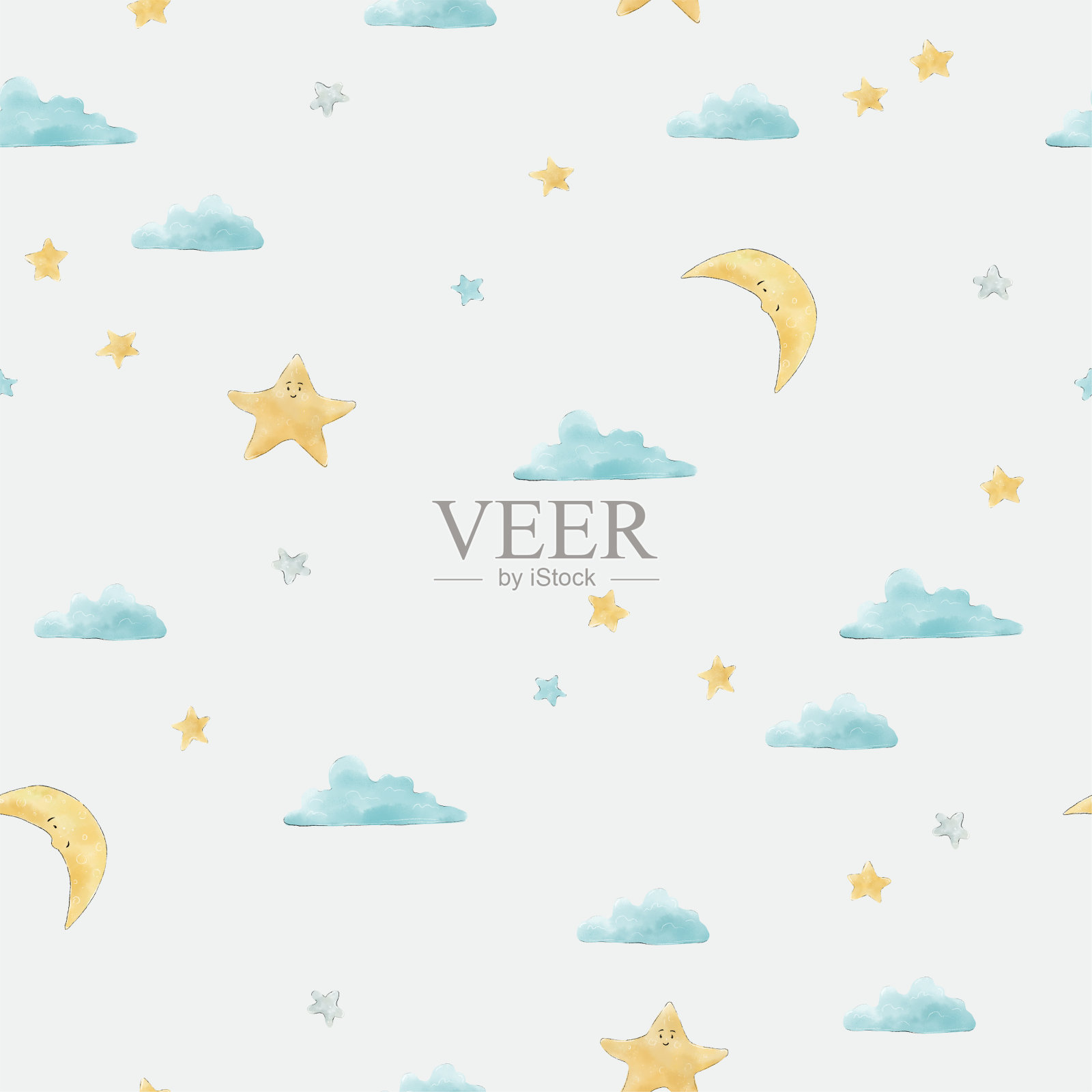 新月、星星和云彩的无缝图案。插图。插画图片素材