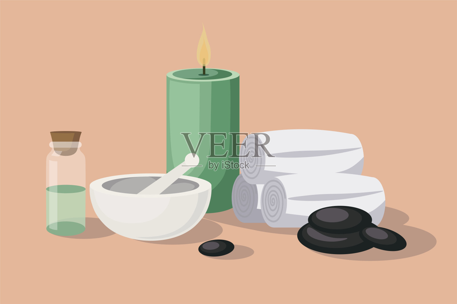 矢量插图在米色背景上自然化妆品和沐浴用品。卡通风格的spa按摩美容沙龙推广模板设计。插画图片素材