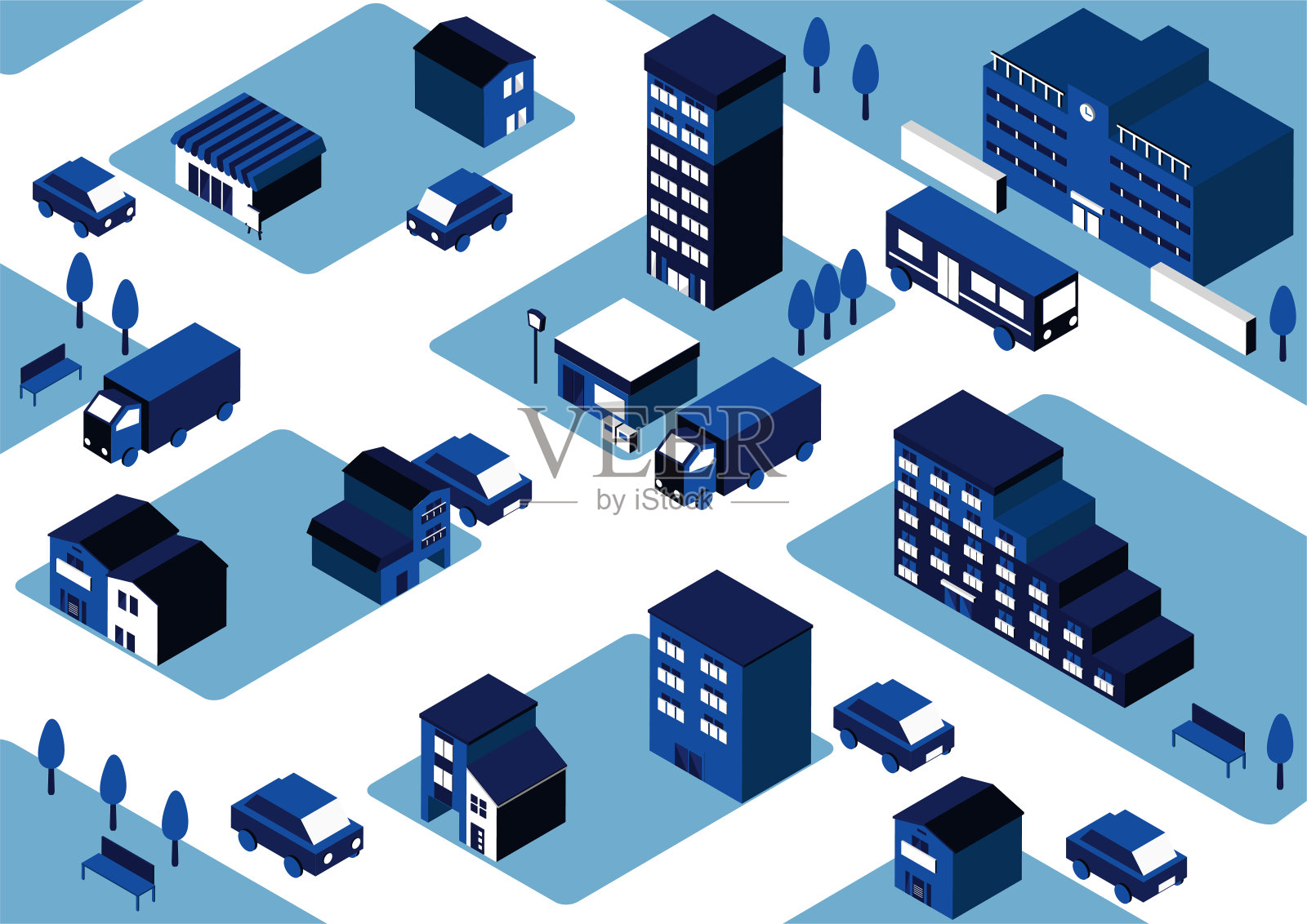 城市景观和车辆的等距图插画图片素材
