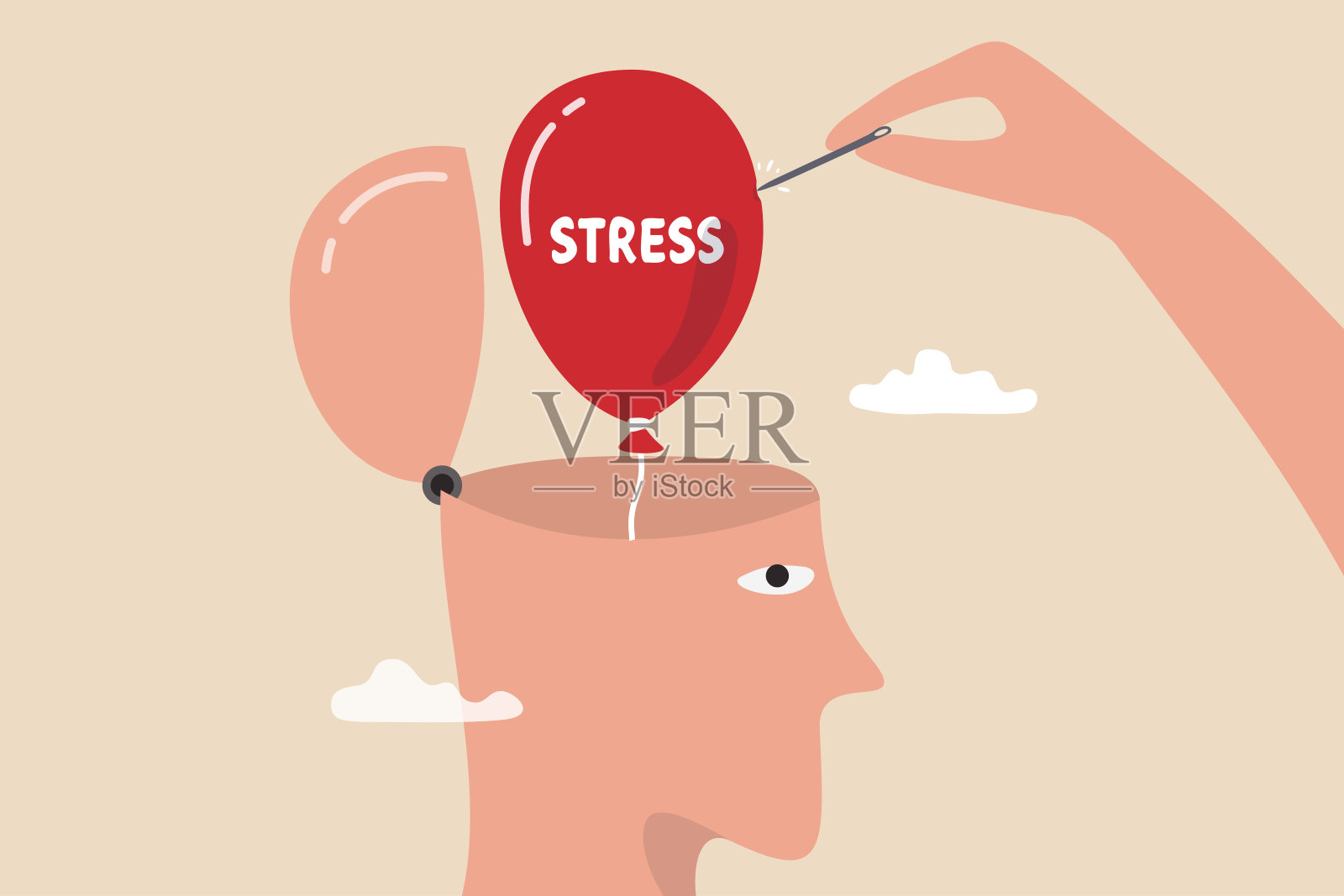 压力管理，放松来缓解大脑的焦虑或愤怒，冥想来帮助减轻压力的概念，医生帮助解决焦虑问题用针戳破压力气球。插画图片素材