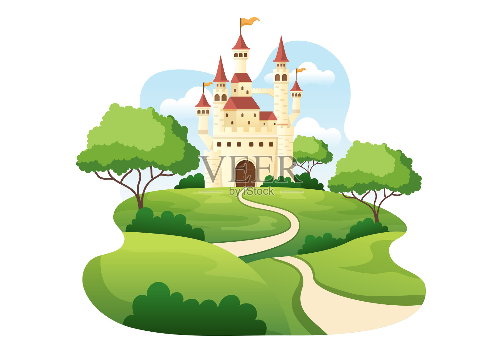 城堡与雄伟的宫殿建筑和童话般的森林风景在卡通平面风格插图插画图片素材