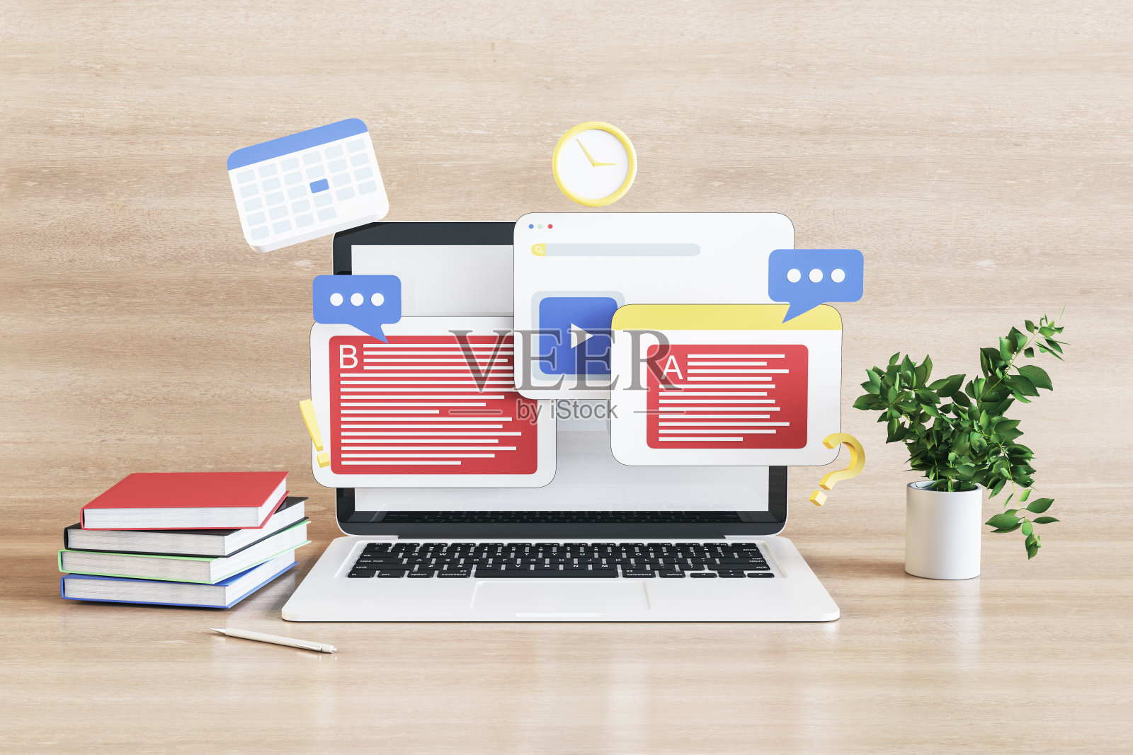 近距离的笔记本电脑与在线教育的概念上木制的工作场所背景。学习和学习的理念。3 d渲染。照片摄影图片