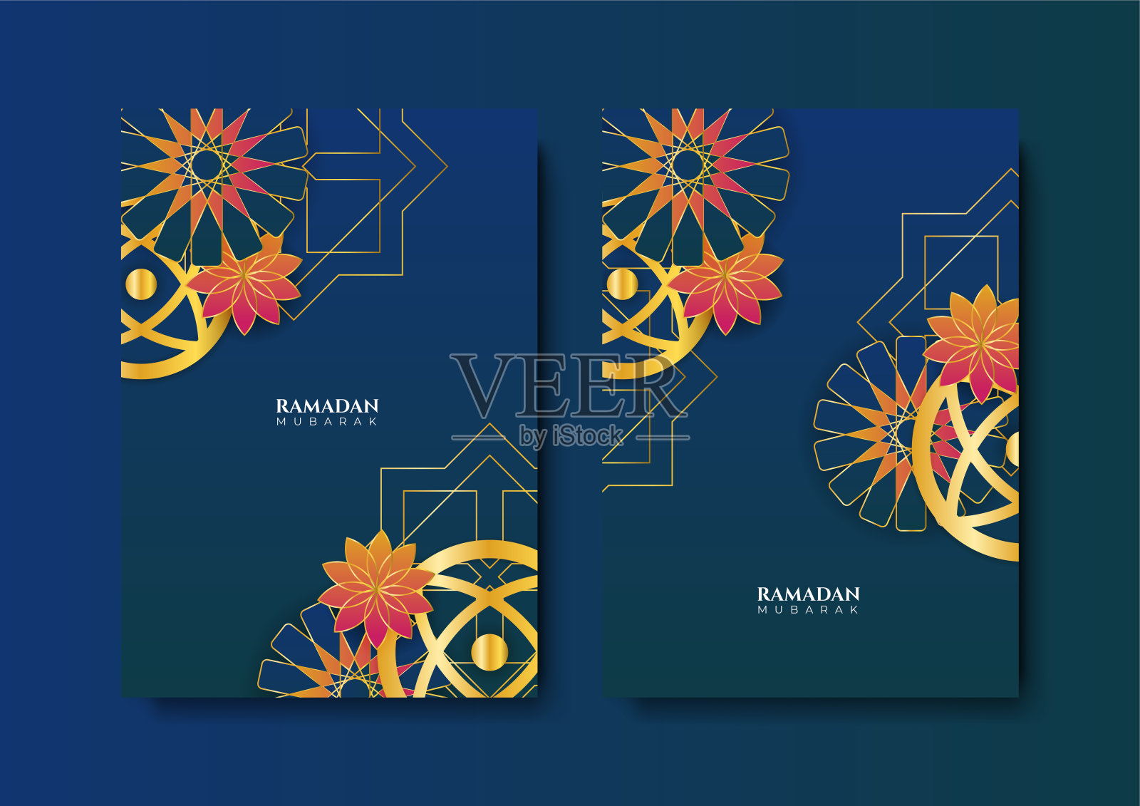 时髦的伊斯兰斋月贺卡和海报背景模板与清真寺，灯笼，模式，和新月。为开斋晚宴邀请设计，ramadhan mubarak kareem。矢量图设计模板素材